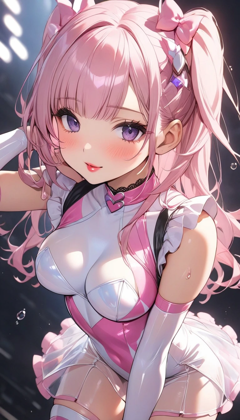 super sonico in a pink and white goth gal dress off shoulder gigantic breasts arms behind back looking at viewer smiling