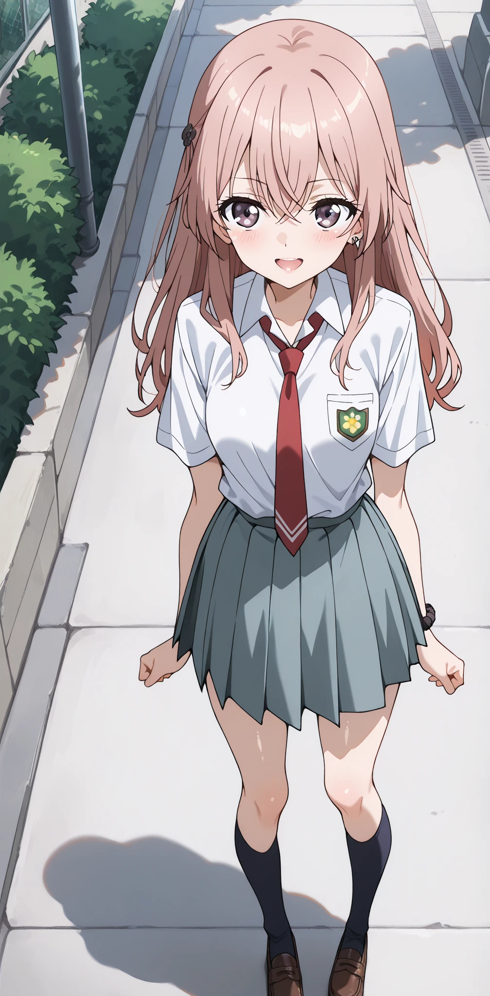 Best Quality, masutepiece, 超A high resolution, (Photorealistic: )2D official style cel animation、In front of the station、[[[Chihaya Kisaragi THE IDOL MASTER]]] High school students、in school uniform、Shirt open、pink lace brassiere、Skirt combing、Pink lace panties,teats,tits out,Twin-tailed
