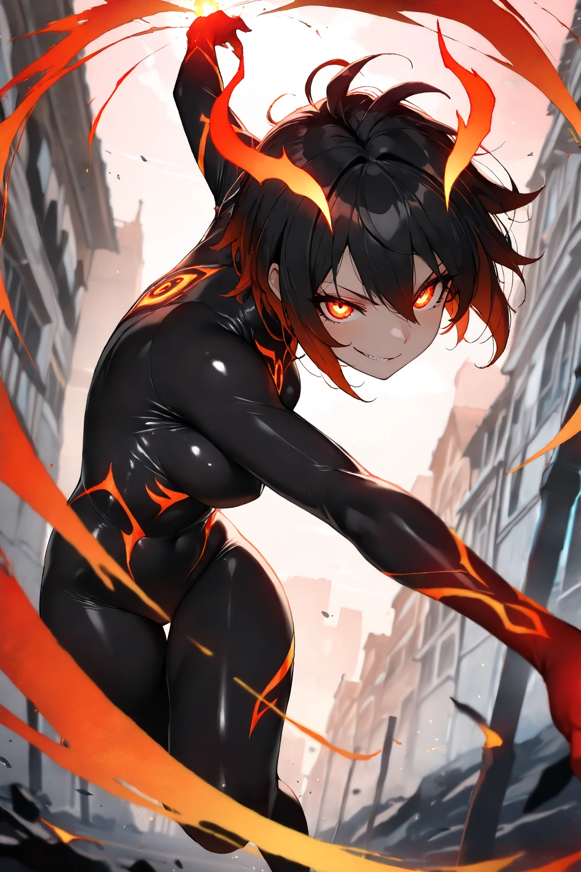 Cute black and orange cat, ninja clothes, big eyes, black hair, beautifull, pretty, friendly face, smilling and calling us, detailed perfect eyes, perfect anatomy, pointing one finger to the viewer, orange eyes, full body frame, seductor