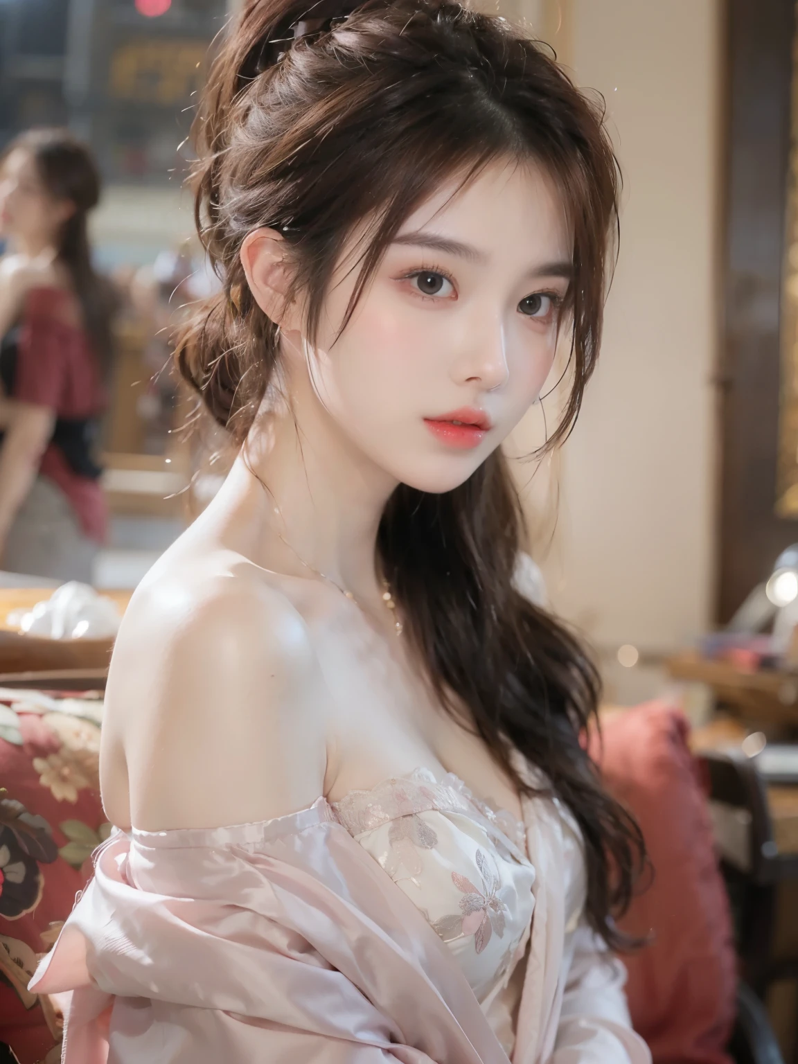 red dress, A girl sitting on a bench in the gazebo,Leaning on the railing,warm sunlight,Soft sandy texture,((Bare shoulders)), ((I-type Valley)), ((E-cup)), ((Visible cleavage)), (lifelike的皮肤:1.2),(Flowing hair:1.1),(Shadows and Highlights:1.2),Random angle shooting,complicateddetail,Movie-like lighting,Very detailed,8K, Art Station Trends, (breeze:1.0),complicated布料detail,Relaxed gesture,Gentle expression,Elegant posture,Smile,sunny,Delicate fabric texture,(lifelike:1.2),(high quality:1.3),(Natural light:1.1),best quality,Anatomically correct,Official Art,complicated,detail的脸,detail,lifelike,Astonishing,beautiful,Young and energetic,Charming model,Detailed CG,壁纸