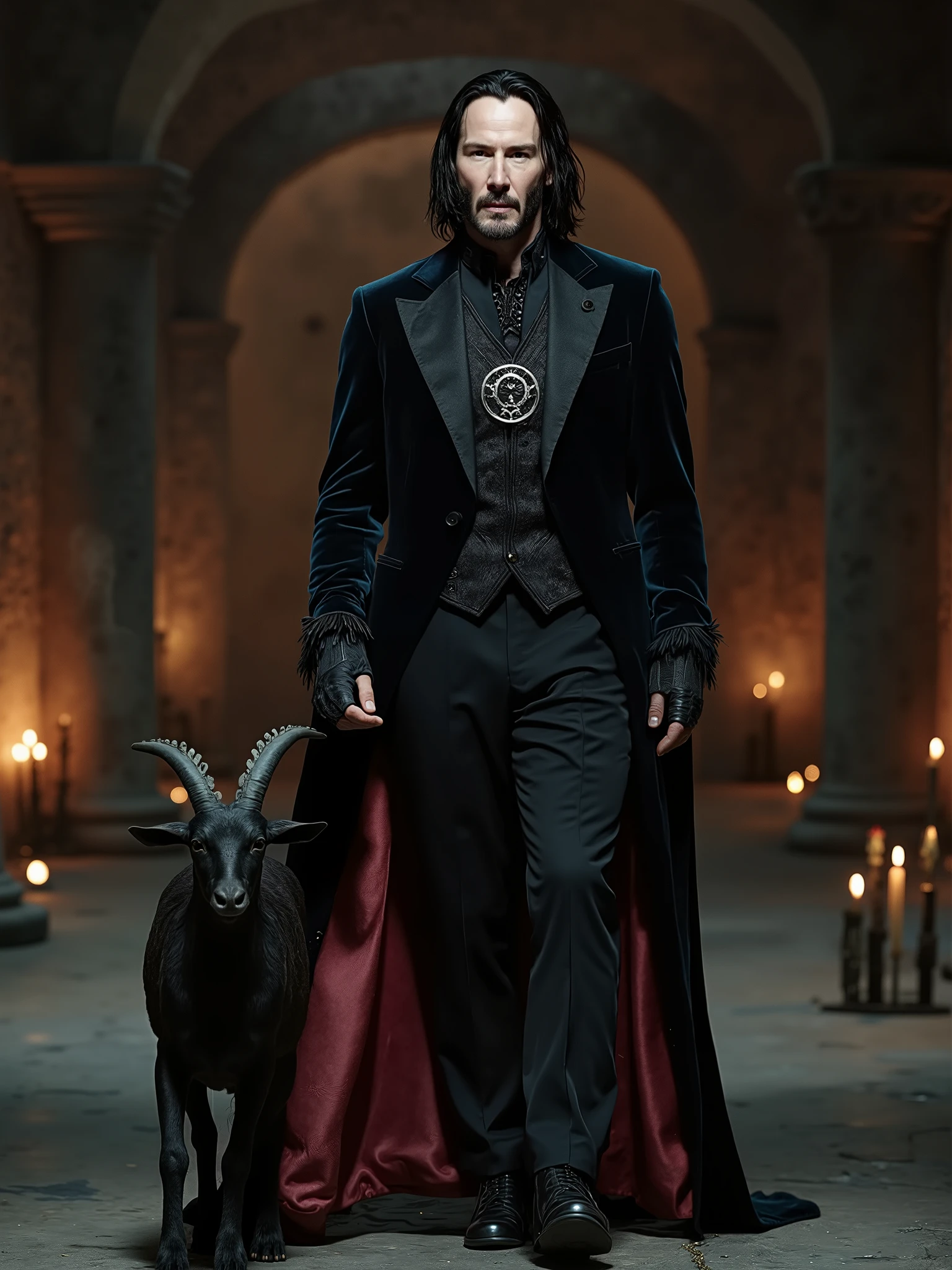 Keanu Reeves reimagined as a majestic dark gothic Tarot card The Devil walking､dramatic atmosphere, 1 male､
Long, jet-black hair slicked back with subtle waves, framing a sharp jawline and pale, chiseled features. Piercing, shadowed eyes. His expression is calm and magnetic, exuding dominance and quiet control, his presence enveloped in darkness and allure,
He wears a luxurious black velvet suit, tailored with sharp gothic cuts, embroidered with obsidian thread in occult sigils and serpent motifs. A dark crimson silk shirt rests beneath, its high collar pinned with a silver inverted pentagram brooch. A floor-length coat, lined in deep wine silk and trimmed with black feathers, cascades from his shoulders like wings of shadow. His gloves are black leather, etched with runes of temptation and hidden desire,
, shows his male character's full figure, athletic body, perfect  face, full body, extremely beautiful, god, male shape, perfect anatomy,
The background showcases an underground stone temple, its walls carved with ancient demonic faces and crumbling sigils. Candlelight flickers along black stone columns, casting long, dancing shadows. A black goat stands silently beside the horned throne, eyes glowing faintly, as smoke coils through the air like a whispered secret,
, photorealistic, masterpiece, realistic, high contrast, 8k, HD, high definition detailed, detailed, hyper detailed, realistic skin texture, best quality, ultra high resolution, hyper realistic, no text, very detailed eyes, dramatic lighting

