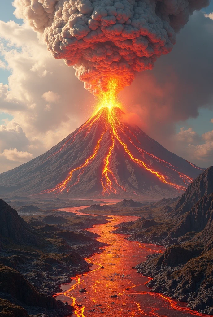 Doomsday landscape，Huge volcanic eruptions，Flame sputtering，molten lava，erupting，The phoenix emerged from the smoke，Nuclear barrage，Liquid lava，hydrosphere，（illustratio：1.0）、Epic composition、Realistic lighting、high definition detail、tmasterpiece、Best quality，（非常详细的 CG 统一 8k 壁纸）