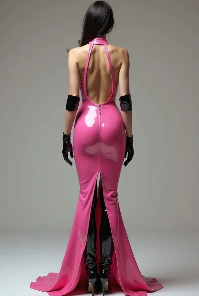 Portraiture、Sideways pose、(masterpiece,Highest quality,Ultra-high resolution),Japanese women, (((Very beautiful 25 year old girl))),(Pale pink latex maid outfit)、((Pale pink latex long skirt))、(A long-sleeved pale pink latex shirt that covers the upper body)、Latex gloves、Pale pink latex socks、Pale pink latex bodysuit、Frills、The clothes fit snugly to the body、Latex is very shiny