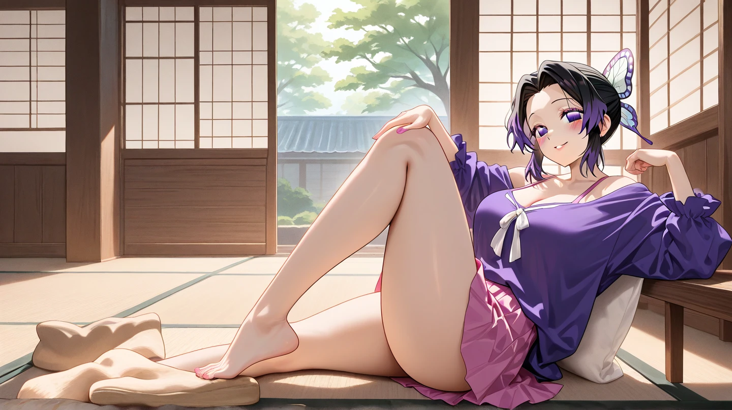masterpiece, ultra detailed, 8K, full body shot,, a girl, kawaii, light atmosphere, (Cute a girl:1.5), (one girl with pale purple hair, wavy two braids, blunt bangs hair, green and black eyes :1.4), anime visual, (tilt head:1.3), extremely delicate face, realistic lighting and shading, (an extremely delicate and beautiful art:1.3),Watercolor painting, blush, Wearing a white yukata Morning glory pattern, A tatami room, a girl making tea for a guest, a teapot, green tea,smiling, a Girl spreads her legs and opens her yukata to reveal her nipples and pussy, nsfw,
