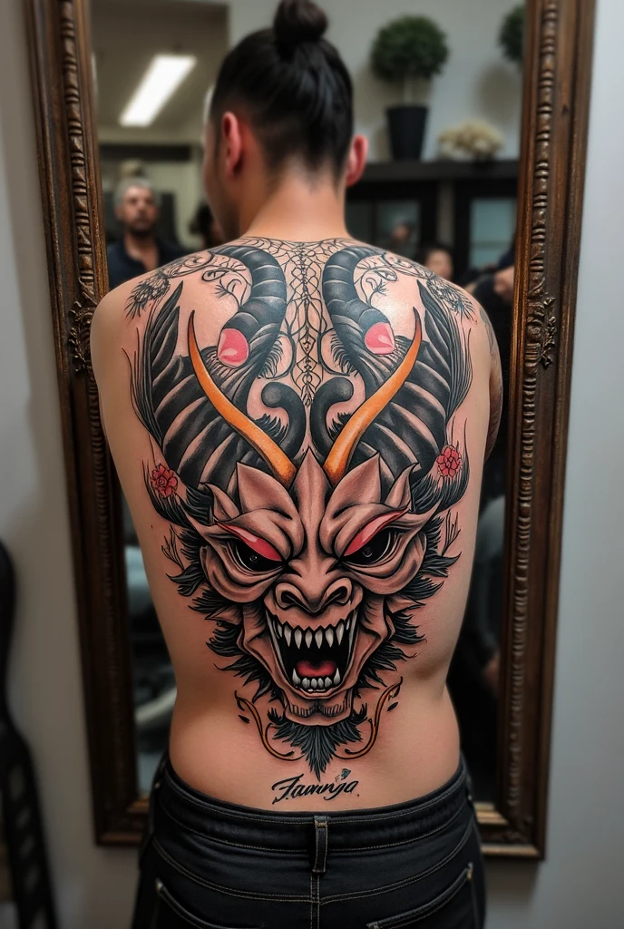Black and white hannya mask design for back tattoo