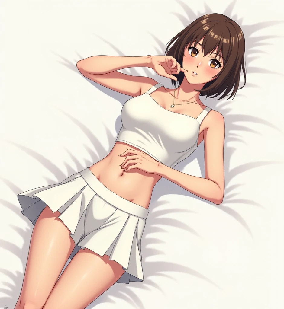 [anime styled]],[[digitalart]],1girl,solo,(portrait)from above,Tomomi_saikyou,black hair,Short hair,bob cut,hair ribbon,midium build,1girl in,short torso,anime screen cap,cel shading,smile, blush,(strong light),((brighten the subject)),(park,lawn,grass field),early summer,(lying),((spread a ground sheet)),nude,((bra)),((panties)),(lingerie)