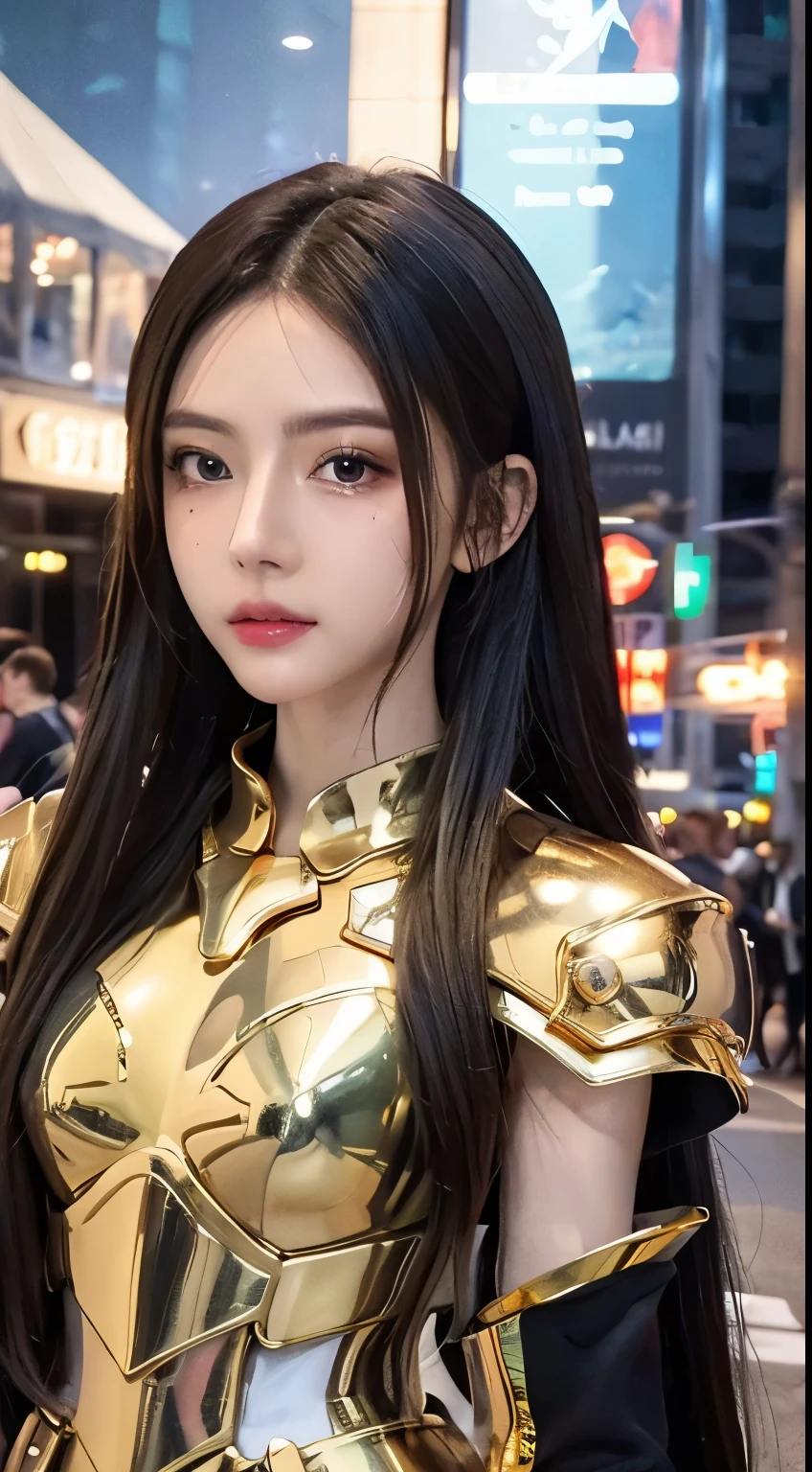 realisticlying， tmasterpiece， Best quality at best， A high resolution, 1girll， s the perfect face， looking at viewert， The skin is tight and transparent vinyl， Very long black hair， Green eyes， paleskin， Pisces， Gold armor with white parts， Armour， ((shelmet))， Line art， low tune， Sharp focus， octanerender，(frontage，face to the viewer:1.2)