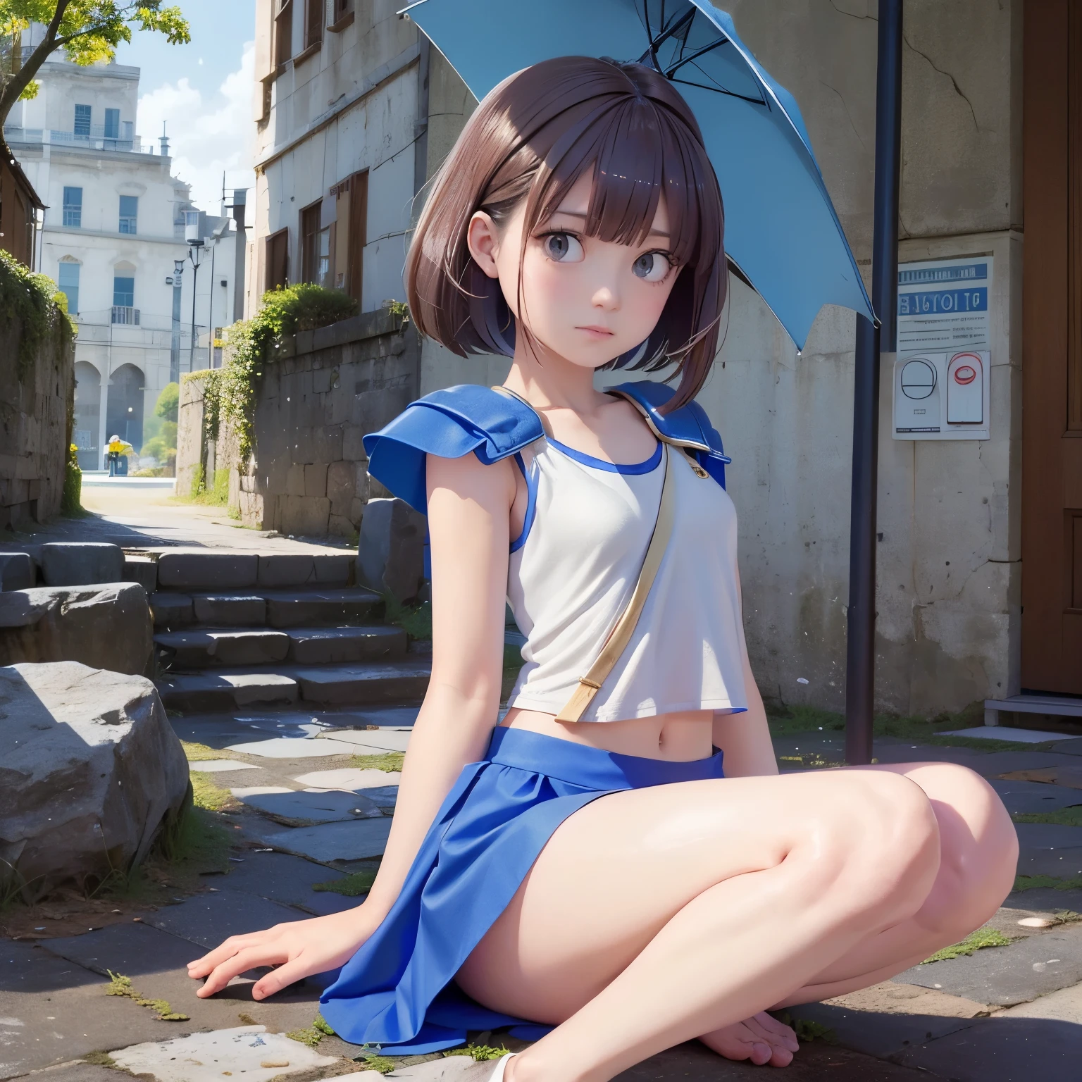 (((SFW、sound、Highest quality、 Super Horrible Leotard 、 、8k、 detailed face 、 super accurate 、 real color 、通常See also、5See also、Highest)))、 beautiful girl masturbating with an umbrella、 brown hair、 bob cut from the front、slender、 The length is short 、細いfeet、Arles、Squishy4、 Magician、Blue short sleeve shirt、 white tank top 、 Tank top shirt、 blue miniskirt、Half shoulder pad、 Short sleeve 、、dungeons、 feet 、torn clothes、 torn tank top 、 torn shirt 、torn skirt、 I turned my skirt upside down、 has a ragged skirt 、 I can see his white pants 、 have broken.、Exposed Muscle、with hair、A plump figure