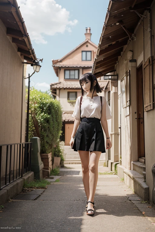 Girl,japan,beautiful,blue blouse,blue,mini black skirt,black hair. --auto --s2