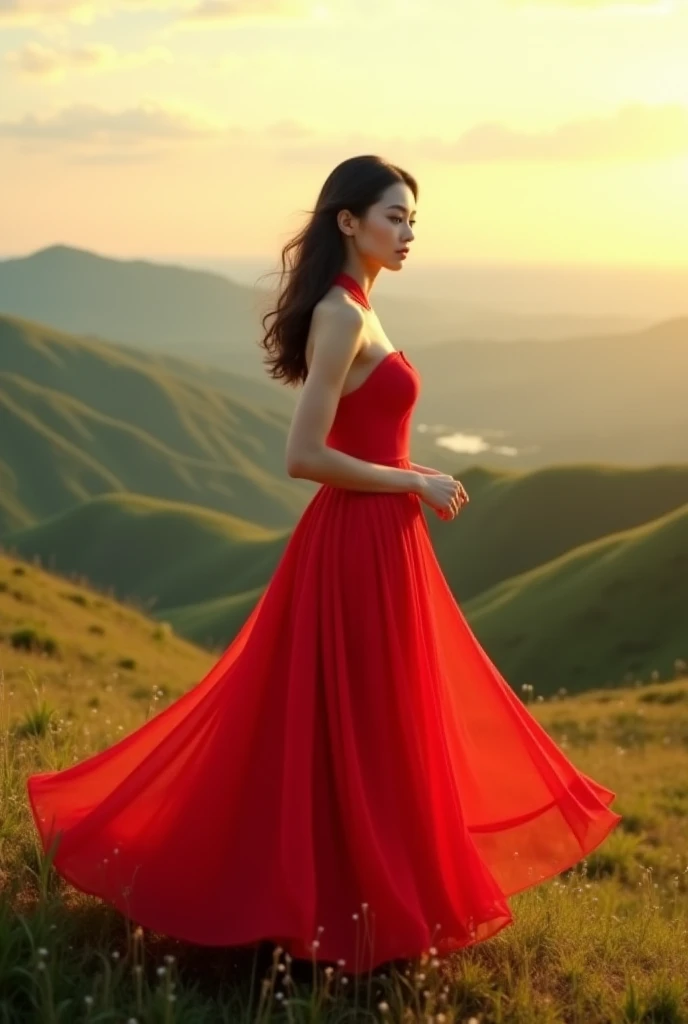 A slightly overweight Indonesian woman in a red long dress poses on a bamboo suspension bridge, She is happy, smile, Stylish and dynamic pose, Natural Beauty, Natural Makeup, Beautiful natural scenery, Enchanting blue sky, Lens flare, Shot on Sony Alpha α7CR full frame, Realistic, UHD 1536 pixels, High quality photos.
