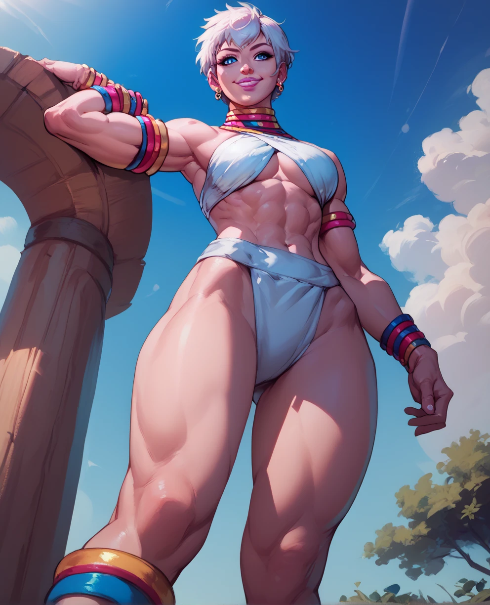 (Masterpiece), Sharp Image, full body, from feet to head full body view, standing straight, she looks down at the viewer from above, perspective view from below, perfect anatomy, perfect hands, perfect legs, A white mature woman with blonde hair, tall woman, short hair, pixie hair (best quality), Ultra resolution, professional art, ultra detailed, perfect lighting, athletic body, strong and muscular, small perky breasts, tight long pencil skirt, white pencil skirt, expression seductive, female focus, (NSFW), blue eyes, smiles, yellow high heels, white stockings, White Tights, sexy toned legs