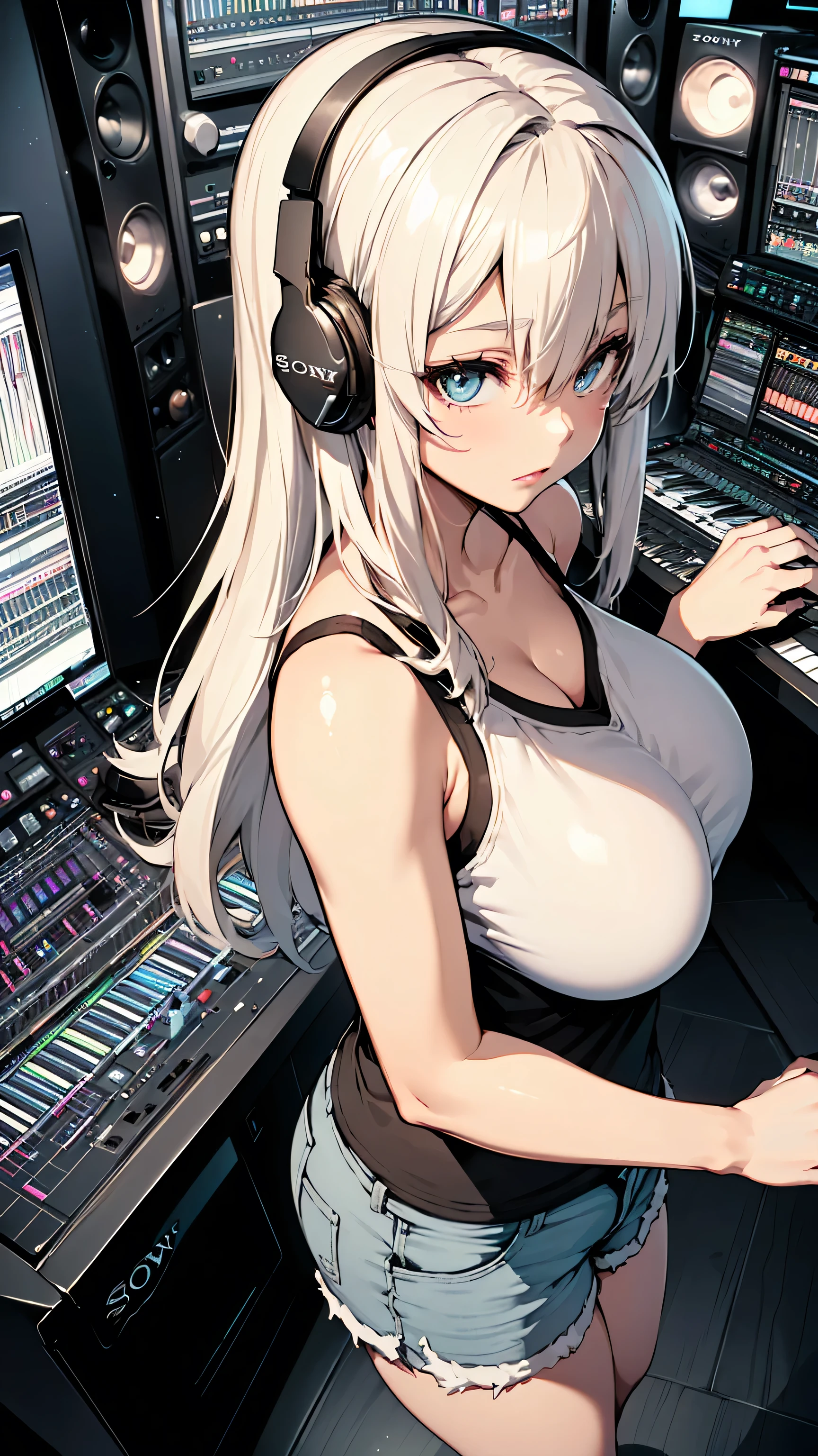 Ultra HD、super high quality、8K、Genuine、Perfect CG animation、The location is a dimly lit DJ booth..、A beautiful Russian woman in a swimsuit is DJing with headphones。Synthesizers and equipment lined up、She is attractive、Has a flower tattoo.cute、Blonde
