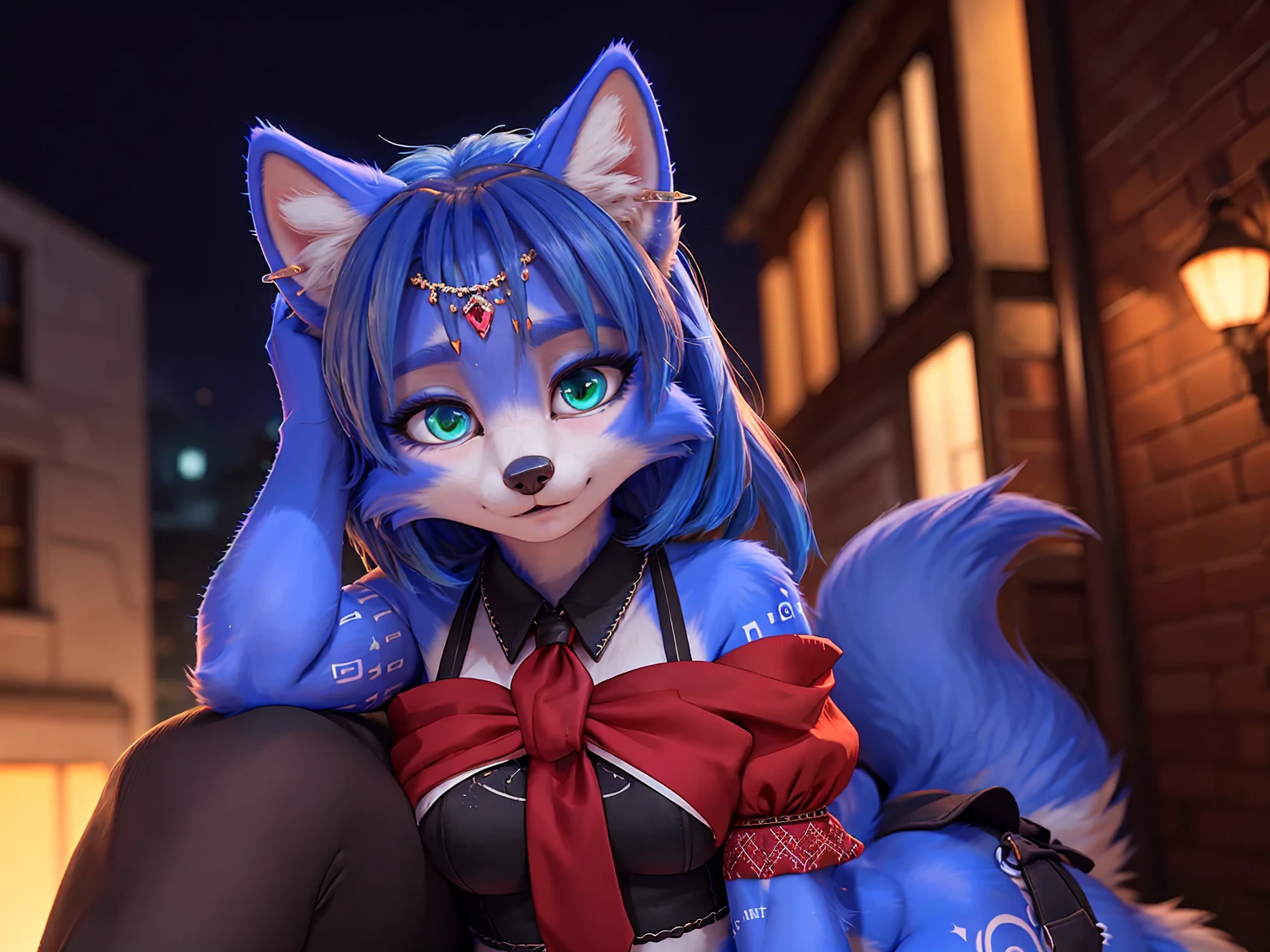 A beautiful and detailed (cute portrait) wa ((krystal)), Star Fox krystal, sslim, lovable, green eyes, medium breasts, (((Long blue hair 1.3))), Decollete, anthro, furry, Uploaded E621, detailed fluffy fur, (wa Fluff-Kevlar, Bayard Wu, Pino Daeni), detailed face, (fluffy), 1 girl, alone, sweet girl, centered, Award-winning photo, (Viewers look at:1.2), | smile, lucy_Heartfilia, | | blush, contrasted, bokeh, depth of field, Film composition,