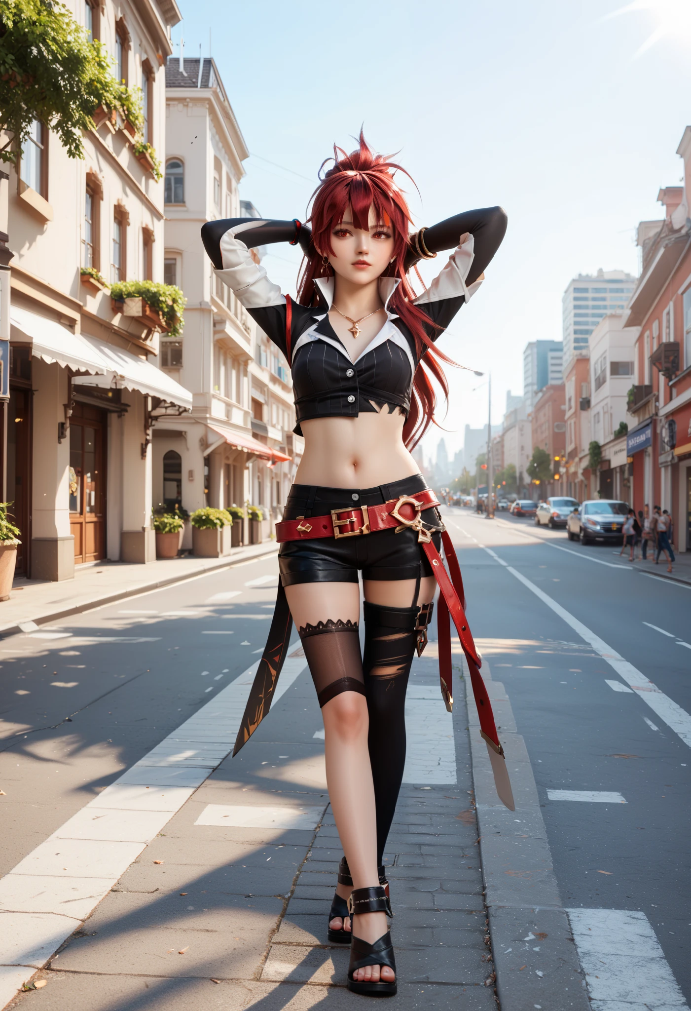 Female 1、Yoko Littner, Carrying a rifle、Left hand pointing forward、Putting your right hand on your hip、smile、Bikini Tops、Black hot pants、Pink knee-high socks、White boots、White neck warmer、tunnel、Coal mine、fog