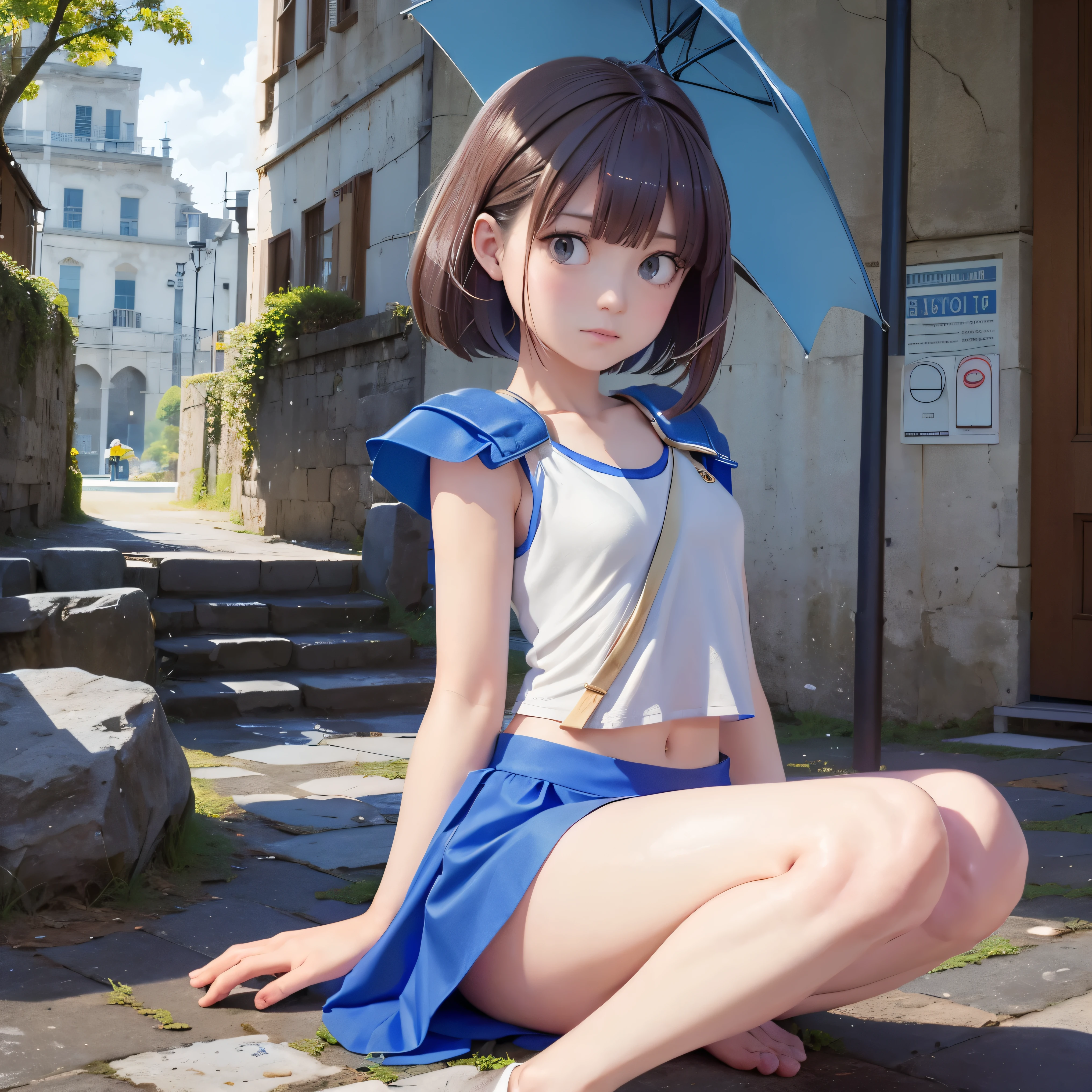(((SFW、sound、Highest quality、 Super Horrible Leotard 、 、8k、 detailed face 、 super accurate 、 real color 、通常See also、5See also、Highest)))、 beautiful girl masturbating with an umbrella、 brown hair、 bob cut from the front、slender、 The length is short 、細いfeet、Arles、Squishy4、 Magician、Blue short sleeve shirt、 white tank top 、 Tank top shirt、 blue miniskirt、Half shoulder pad、 Short sleeve 、、dungeons、 feet 、torn clothes、 torn tank top 、 torn shirt 、torn skirt、 I turned my skirt upside down、 has a ragged skirt 、 I can see his white pants 、 have broken.、Exposed Muscle、with hair、A plump figure