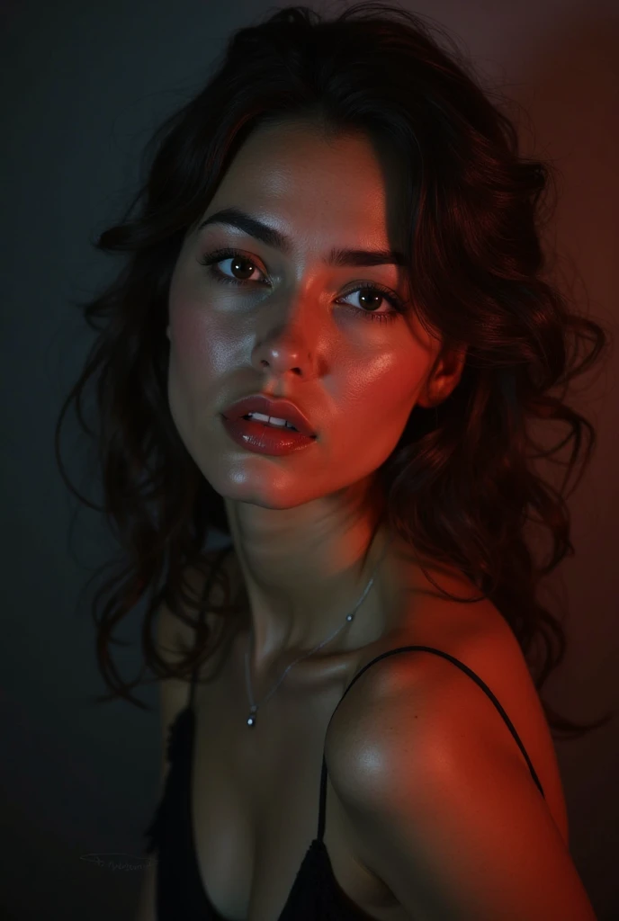 Retrato de Marilyn Monroe, with black hair, with orange yellow lights illuminating most of it and purple lights coming from below in a studio with an empty background