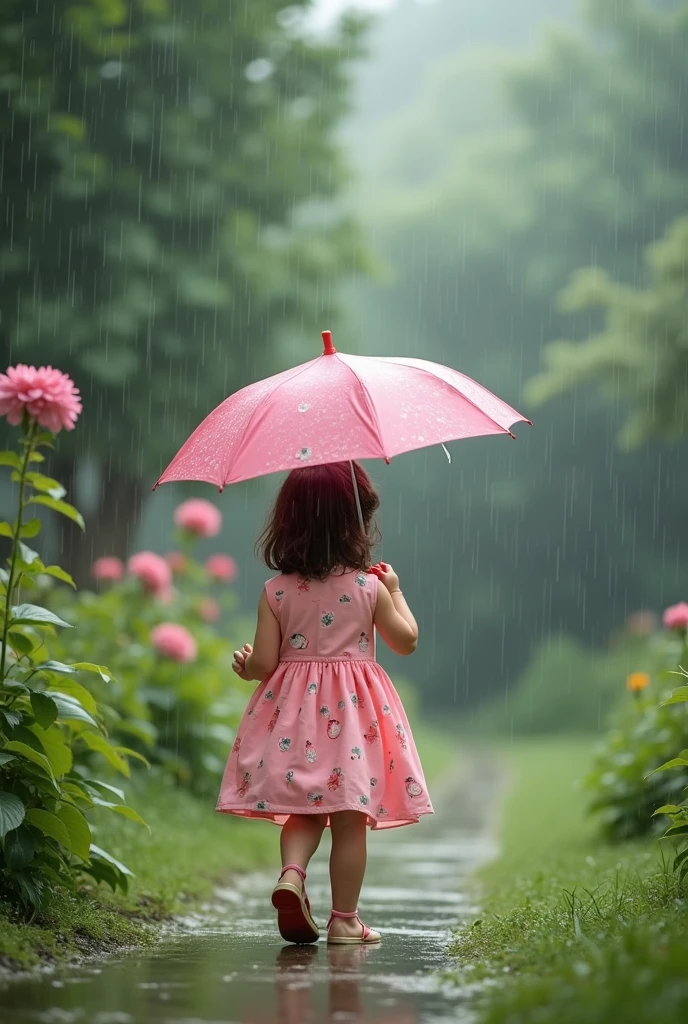 rain, in the rain, 1girl, flower, garden, <lora:sl_jim_xl:0.8>