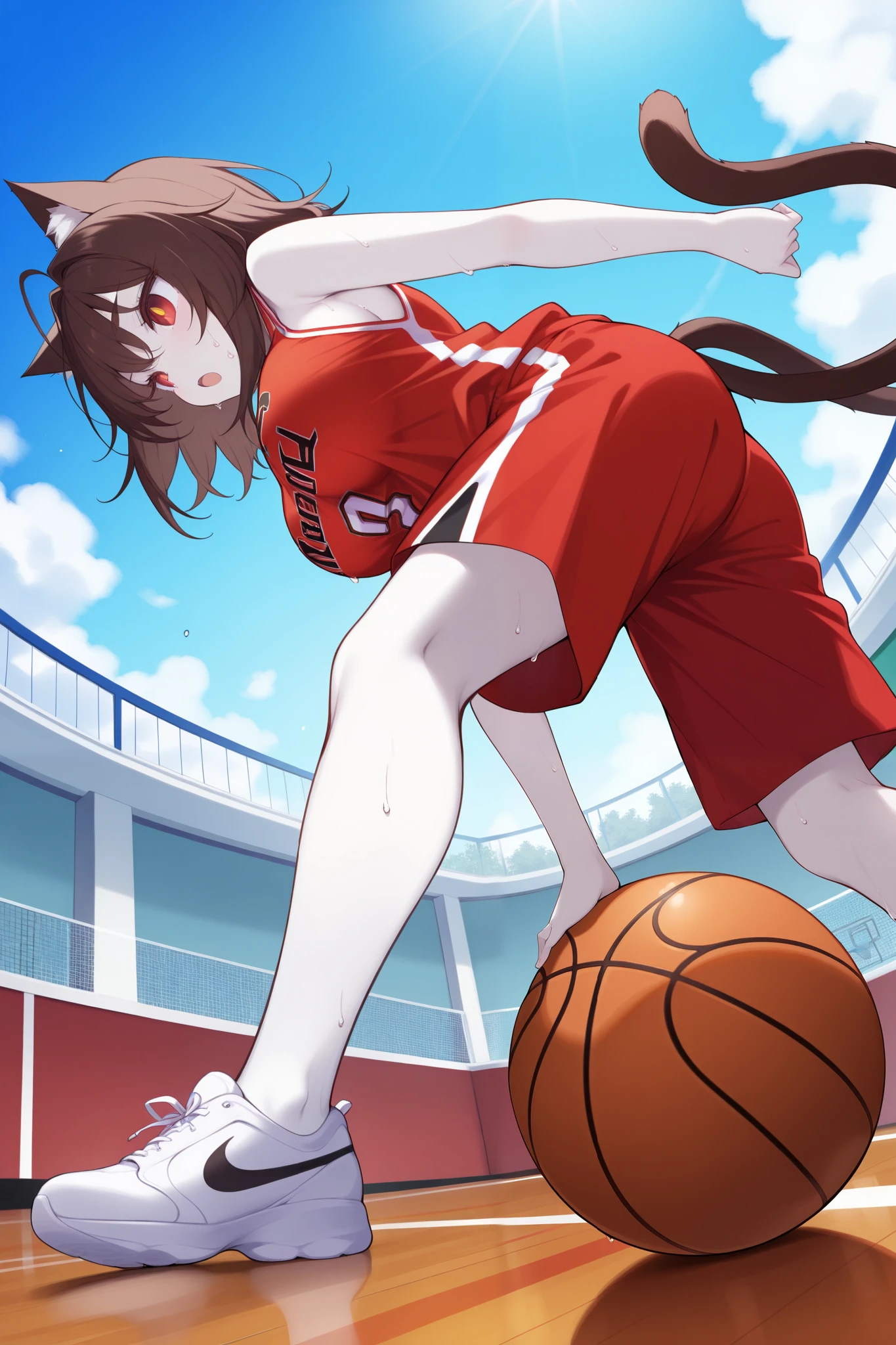 score_9, score_8_up, score_7_up, (basketball court), pale skin, wide shot, dutch angle, from below, from side, (solo, 1girl, nekomata, red eyes, dark brown hair, medium hair, cat ears, white fur inside cat ears), large breast, (basketball uniform, sleeveless, shorts, basketball), leans forward, (basketball: Triple Play:1.2, Footwork), dynamic pose, sweat, ((two cat tails)), big eyes, cat eyes, eyelashes, lower eyelashes, (((gold pupils))), blash, open mouth