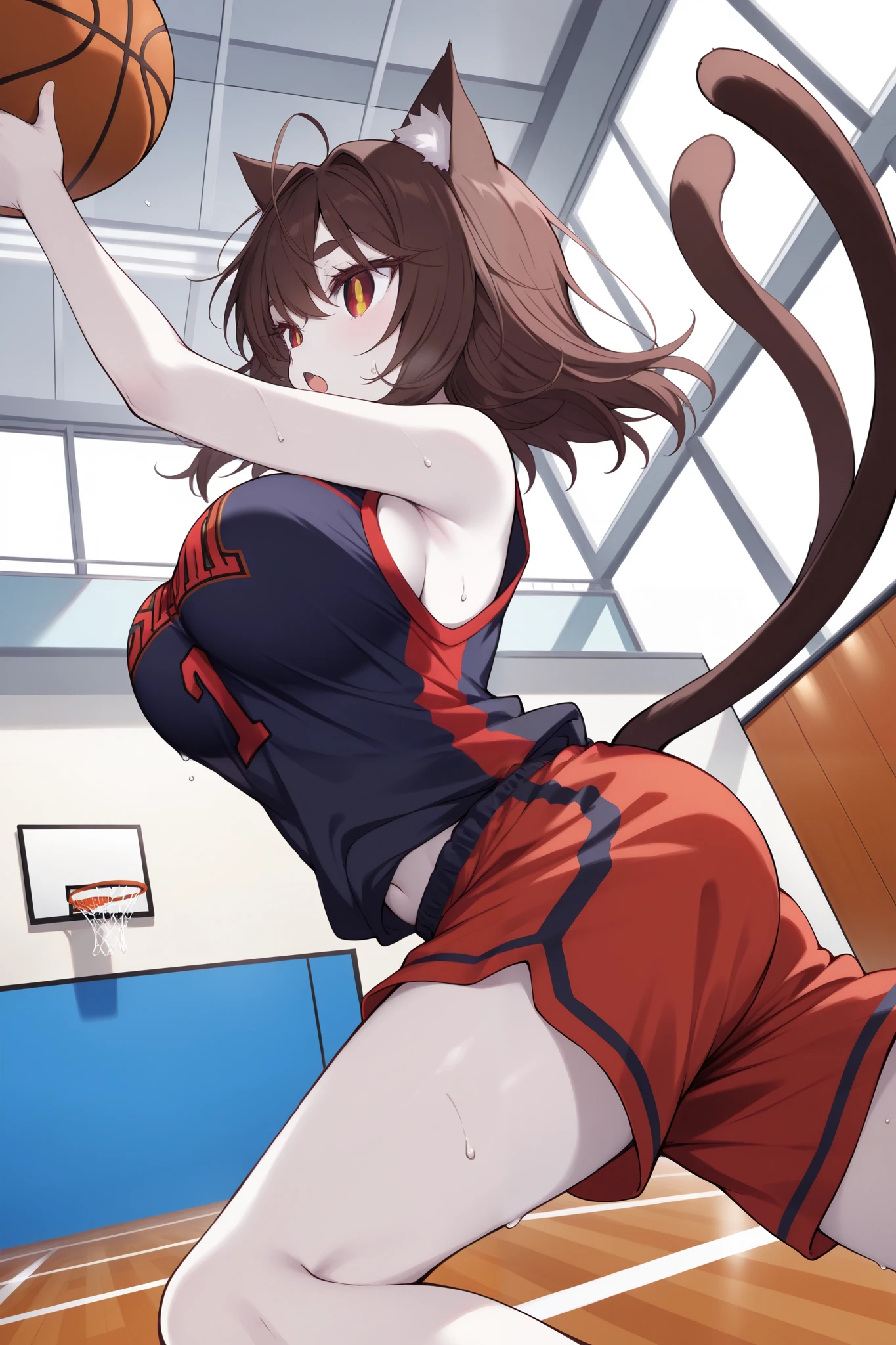 score_9, score_8_up, score_7_up, (basketball court), pale skin, wide shot, dutch angle, from below, from side, (solo, 1girl, nekomata, red eyes, dark brown hair, medium hair, cat ears, white fur inside cat ears), large breast, (basketball uniform, sleeveless, shorts, basketball), (basketball: Overhead Pass:1.2), dynamic pose, sweat, ((two cat tails)), big eyes, cat eyes, eyelashes, lower eyelashes, (((gold pupils))), blash, open mouth