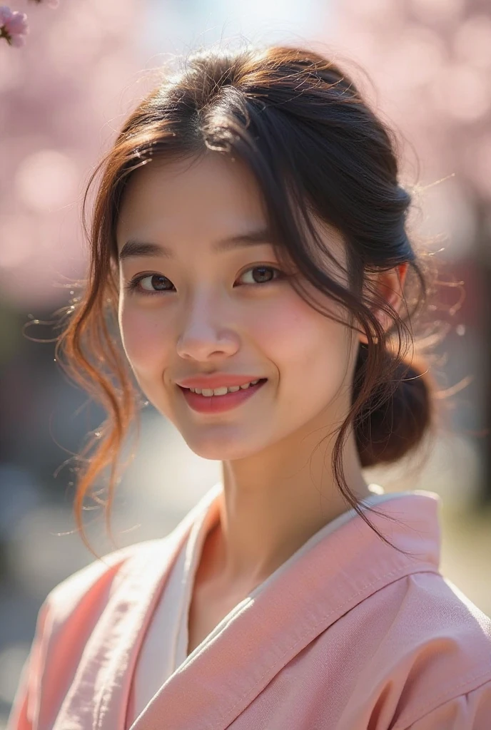 night, RAW Photos, (((Very beautiful portrait))), (Very beautiful portrait))), 1 girl, 25 year old girl, ((Natural brown updo)), [Brown eyes],A gentle smile looking at the camera(Cleavage), ((masterpiece, 最high quality, Super detailed, Cinema Lighting, Intricate details, High resolution, 8k, Very detailed)), Detailed Background, 8k UHD, Digital SLR, Soft lighting, high quality, Film Grain, Fujifilm XT3, Shallow depth of field, Natural light, Perfect Face、firework、yukata