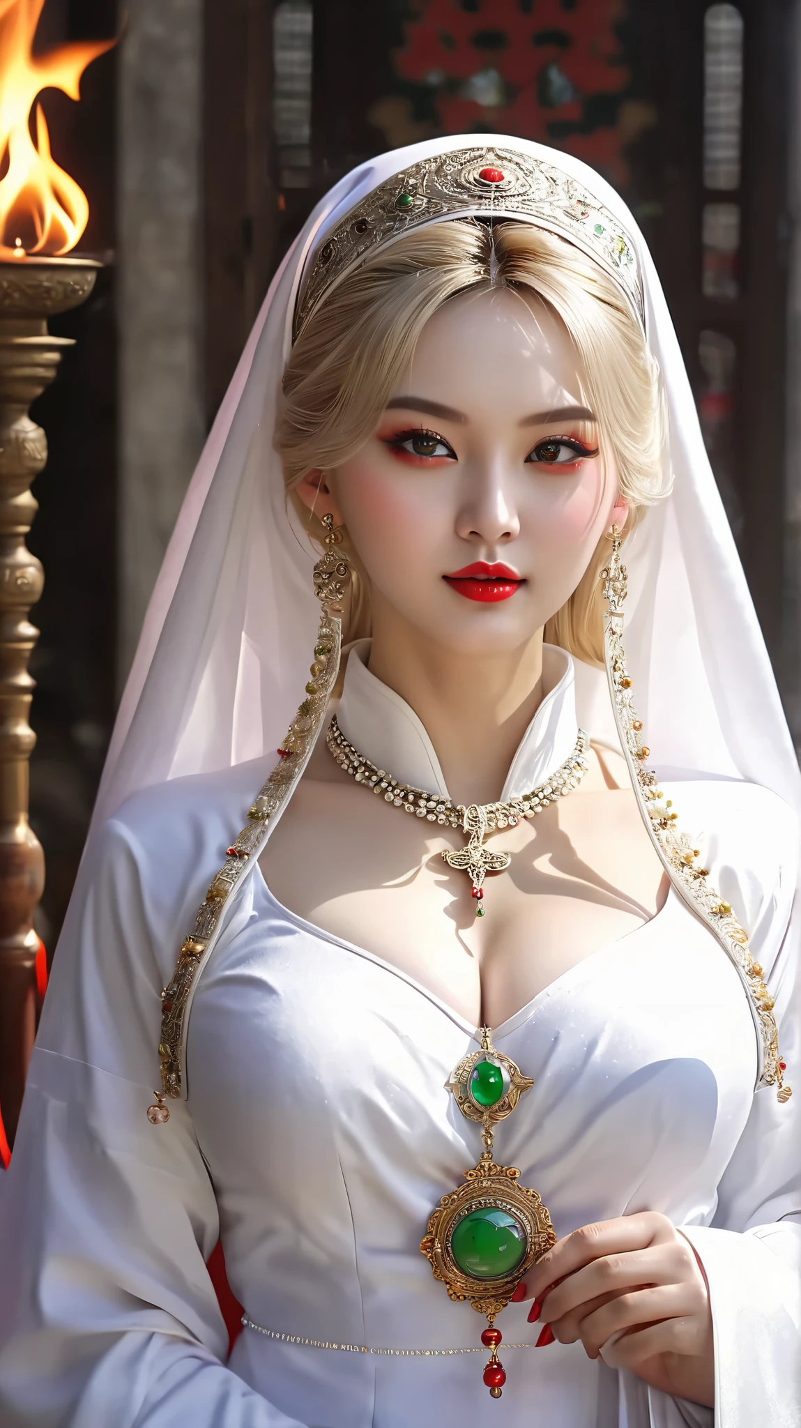(((Hyper Real)))、(((A 30-year-old white female priest from ancient Europe)))、(((Beautiful female priest)))　Mature beautiful middle-aged woman、(((Big big boobs)))、Fine skin、Beautiful plump middle-aged woman、(Fine green eyes)、Blonde fluffy long hair、{(Ancient ornate and luxurious temple)、(Many torches are burning)}、(((Big big cleavage)))、Big Ass、Red lips、(((Luxurious pure white outfit and luxurious accessories)))、