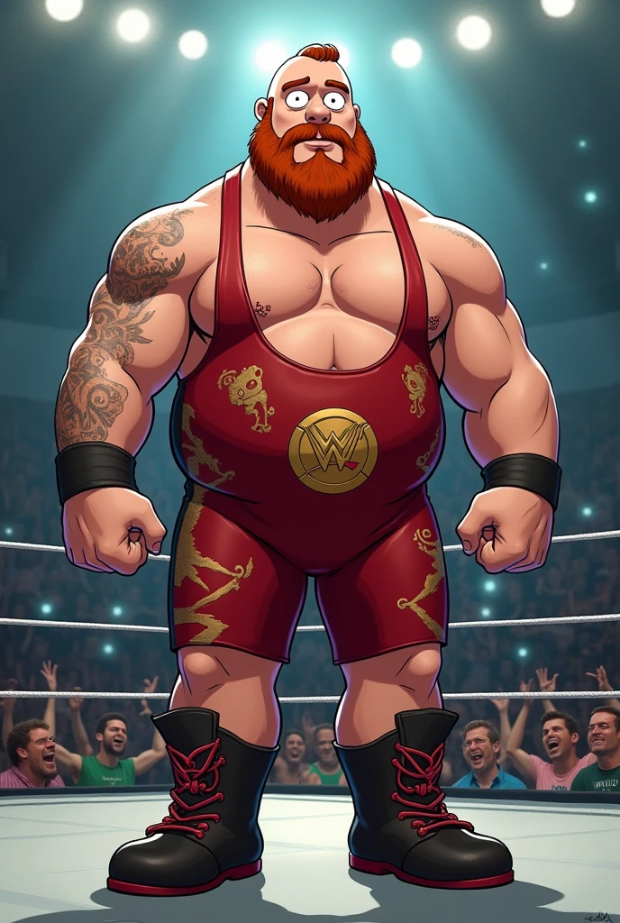 Fat Cartoon Earthworm dressed like WWE wrestler Earthquake
Fat Cartoon Earthworm body. Cartoon Earthworm head. Cartoon Earthworm arms. Cartoon Earthworm legs.
Long brown hair with balding on top.
Brown mustache and beard.
Blue singlet. Blue underwear. Blue we boots.
Standing in a wrestling ring.