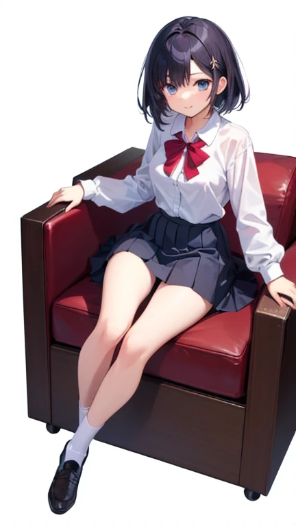 1 girl, glasses, (full body:1.2), sitting, (angle from below:1.1), (angle from the side:1.1), blush, (slim body:1.2), (huge breasts:1.3), (slender and long legs:1.1), black hair, short hair, white short sleeve shirt, pleated skirt, (navy blue high socks:1.1), brown loafers,
