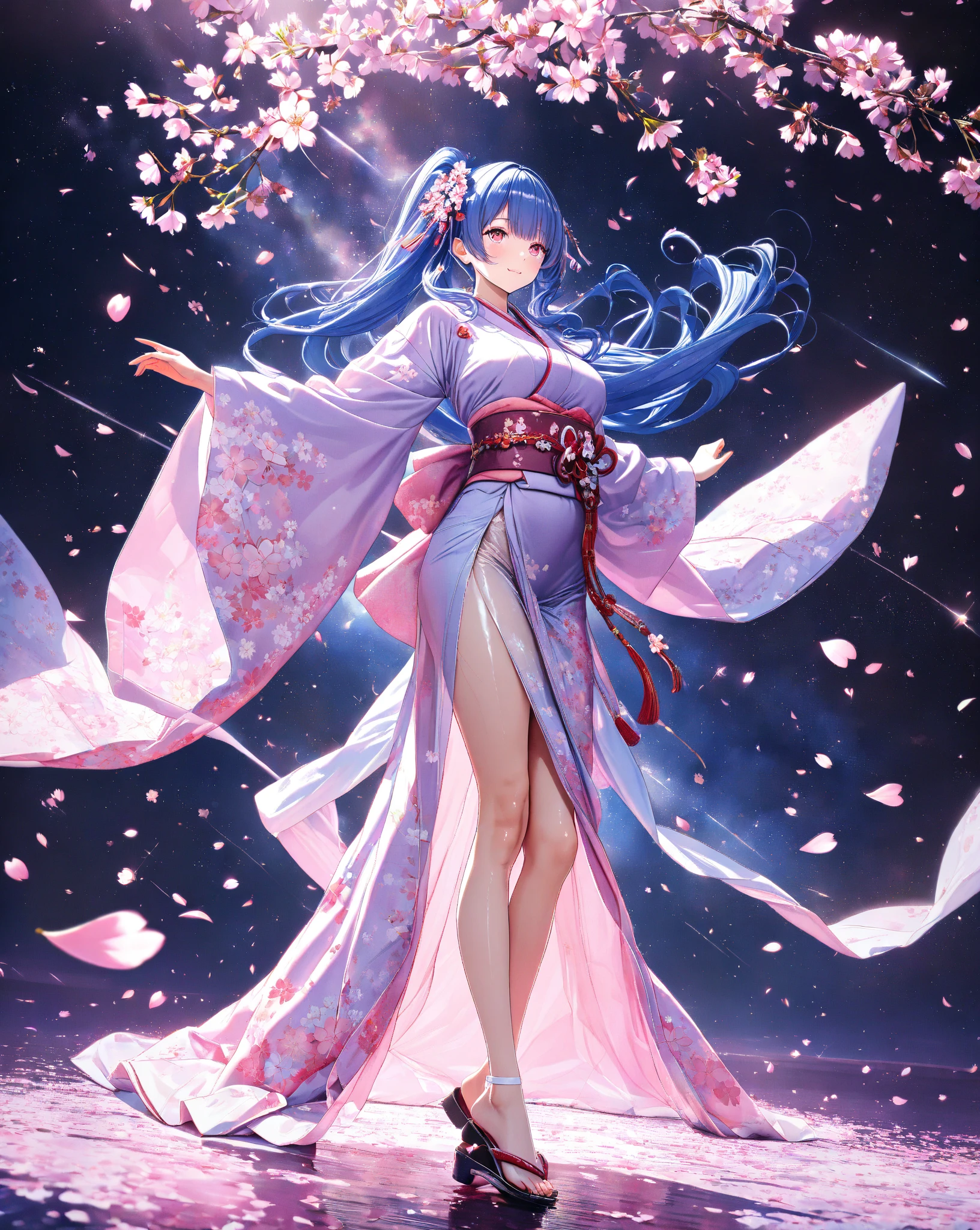quality:masterpiece,best quality,ultra-detailed,32k,detailed background,
theme:BREAK,(A 20-year-old woman in a breathtakingly elegant kimono that shines in the blue light of the lights):1.3,perfect proportions,detailed skin texture,deep yet somewhat sad smile,Breathtakingly detailed facial features,vivid eyes that feel like being sucked in, delicate and moisturized lips ,
Each finger is rendered in detail,(Shiny blue hair):1.1,Smooth texture like silk,Flowing in the wind,Natural shadows and highlights,Natural and graceful hand pose,Hands based on realistic human anatomy,transparent fingertips that make you feel like you're being sucked in,Clearly defined joints,Detailed expression of the fingers,
Smooth and curvaceous body lines,Translucent and moisturized skin,Graceful knee lines,Natural and beautiful leg lines,
Delicate body contours,Natural wrinkles and shadows in the clothes,Shiny fabric texture,Beautiful, smooth draping,(Poses looking up at cherry blossoms):1.3,
costume:BREAK,(Light purple kimono with long flowing sleeves):1.3,(kimono with smooth drapes made of shiny silk):1.2,Realistic Fabric, intricate details,detailed folds,Pastel Pink Obi,Crimson Belt,Cherry Blossom Patterned Sack Belt,Adorable sandals with intricate patterns decorated with gold thread and silver thread,beautiful floral hair ornament,Are you wearing sakura-patterned socks,
Style:BREAK,photorealistic,3D rendering,cinematic lighting,volumetric lighting,ray tracing,depth of field,cinematic shot,pastel,translucent,
background:BREAK,(The weeping cherry blossoms in full bloom at night are illuminated in the foreground):1.3, (Weeping cherry blossoms in full bloom at night are illuminated in front of the Milky Way where countless stars shine in the back):1.4,,(backgroundに広がる漆黒の夜空と煌めく星々):1.4,,(and weeping cherry blossoms in full bloom are illuminated):1.3,(cherry blossom petals dance):1.3,( cherry blossom petals scattered on the ground ):1.2,(Sparkling stars spreading in the night sky々):1.4,(The dark night sky spreads as far as the eye can see):1.3,volumetric lighting,幻想的なbackground,
