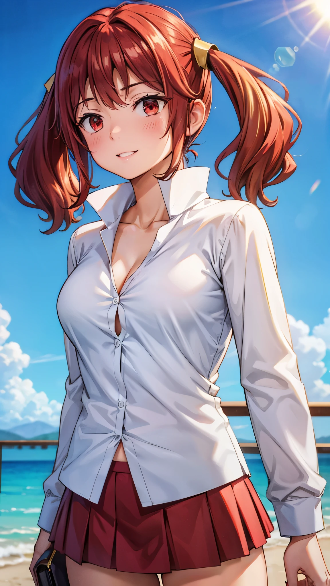 (super quality,super high resolution,16k,Super Masterpiece,Ultra HD ,detailed shading and background,)NSFW,Upper body shot,Sexy high school girl,twin tails,white shirt with the sleeve turned back,The Valley of the Chest,red miniskirt,cover,smile,Sun and blue sky background ,