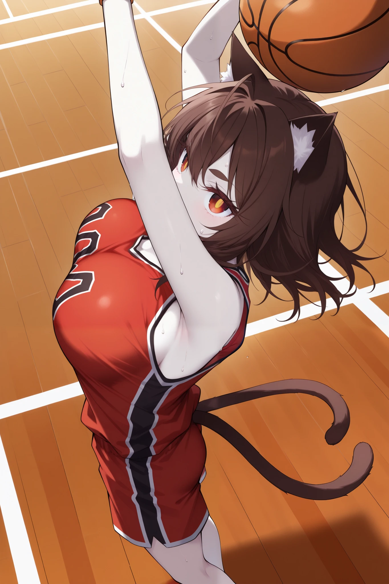 score_9, score_8_up, score_7_up, (basketball court), pale skin, wide shot, dutch angle, from above, from side, looking up, (solo, 1girl, nekomata, red eyes, dark brown hair, medium hair, cat ears, white fur inside cat ears), large breast, (basketball uniform, sleeveless, shorts, basketball), (basketball: One Hand Shoot:1.2), dynamic pose, sweat, ((two cat tails)), big eyes, cat eyes, eyelashes, lower eyelashes, (((gold pupils))), blash, open mouth