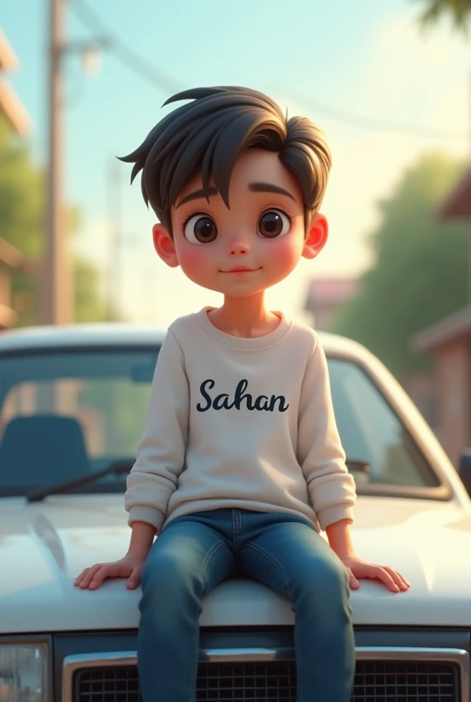 A boy wearing t-shirt and in t-shirt shahzaib name is writed and he is playing games