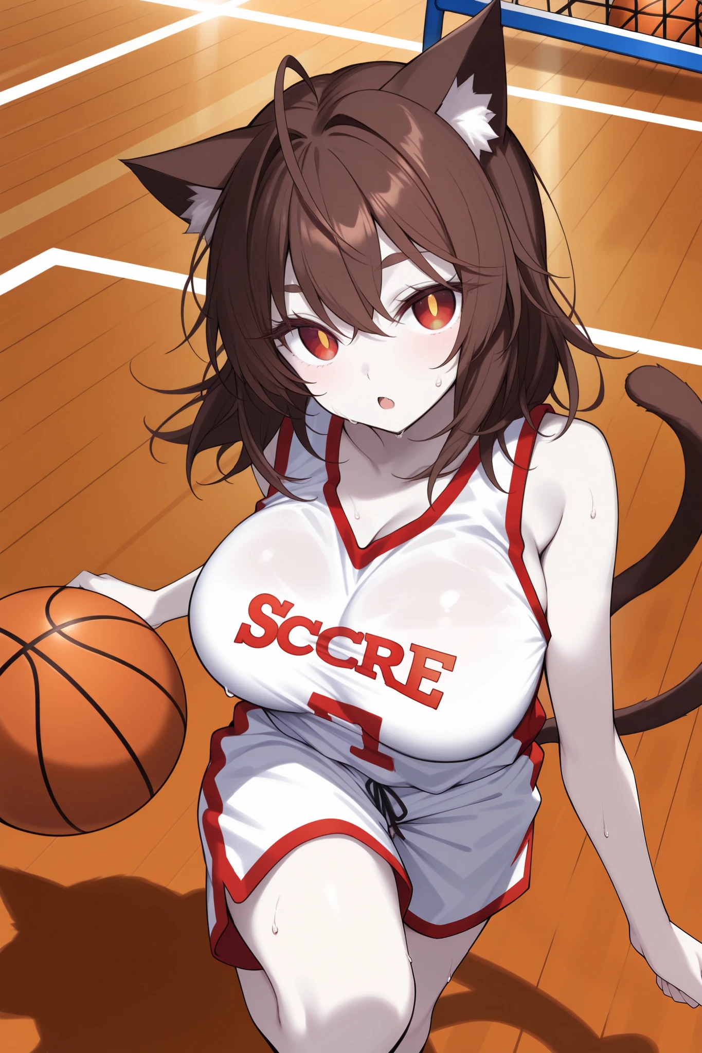 score_9, score_8_up, score_7_up, (basketball court, Basketball Goal Ring), pale skin, looking up, (solo, 1girl, nekomata, red eyes, dark brown hair, medium hair, cat ears, white fur inside cat ears), large breast, (basketball uniform, sleeveless, shorts, basketball), (basketball: Dunking:1.2), dynamic pose, sweat, ((two cat tails)), big eyes, cat eyes, eyelashes, lower eyelashes, (((gold pupils))), blash, open mouth