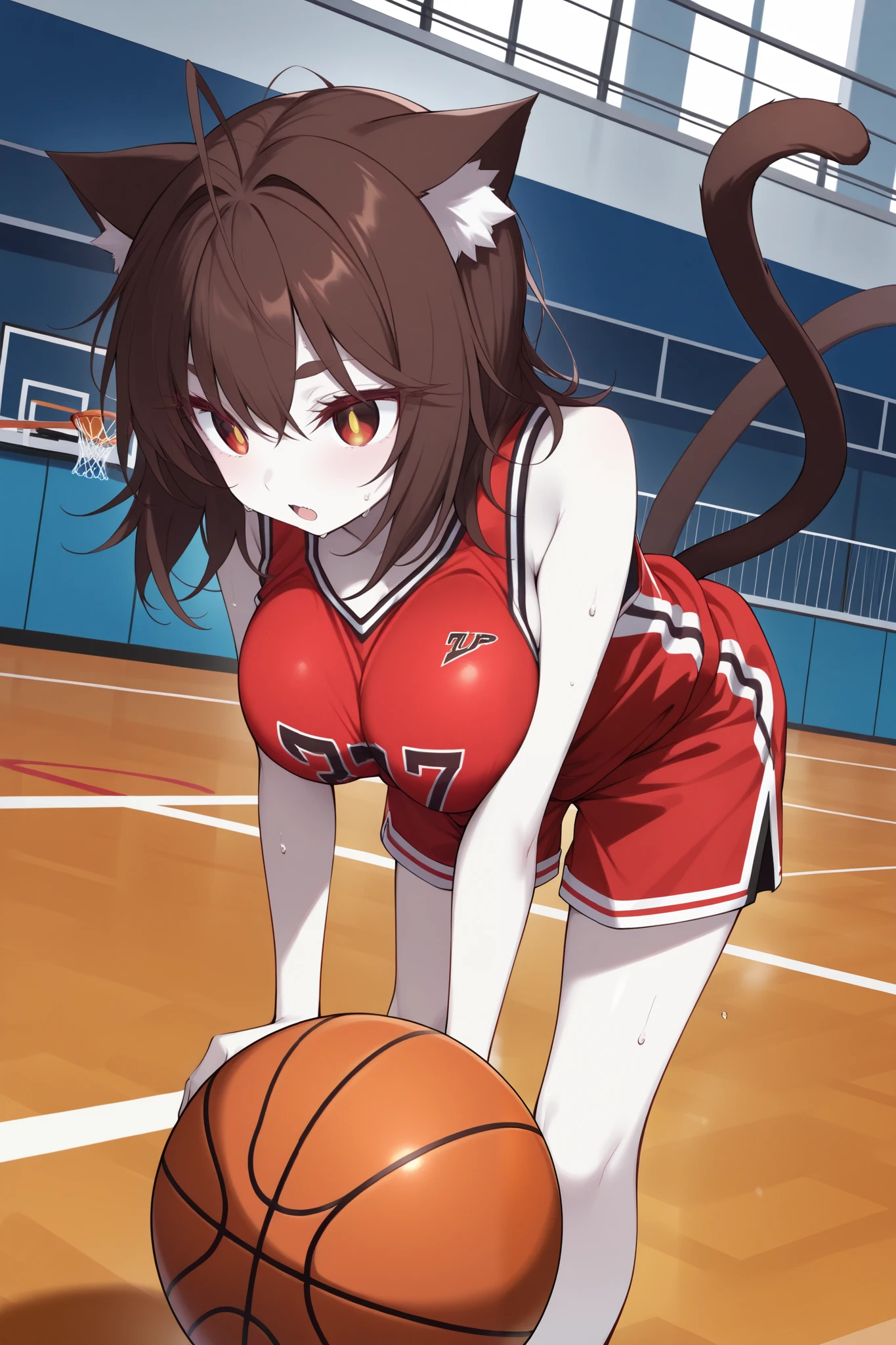 score_9, score_8_up, score_7_up, (basketball court), pale skin, wide shot, dutch angle, (solo, 1girl, nekomata, red eyes, dark brown hair, medium hair, cat ears, white fur inside cat ears), large breast, (basketball uniform, sleeveless, shorts, basketball), leans forward, (basketball: Short Dribble:1.2, Bouncing ball), dynamic pose, sweat, ((two cat tails)), big eyes, cat eyes, eyelashes, lower eyelashes, (((gold pupils))), blash, open mouth