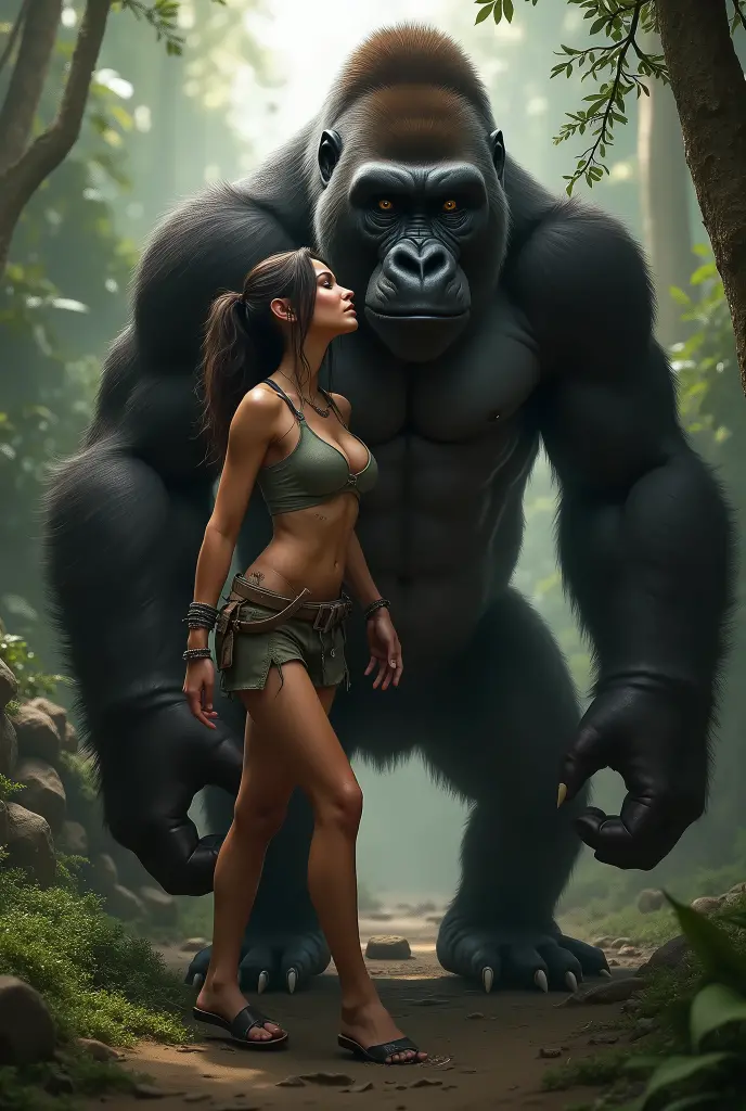 ((nude) (Lara Croft, large breasts, sparse pubic hair), fucking a (huge male gorilla with gorilla penis), in ancient ruins in the jungle