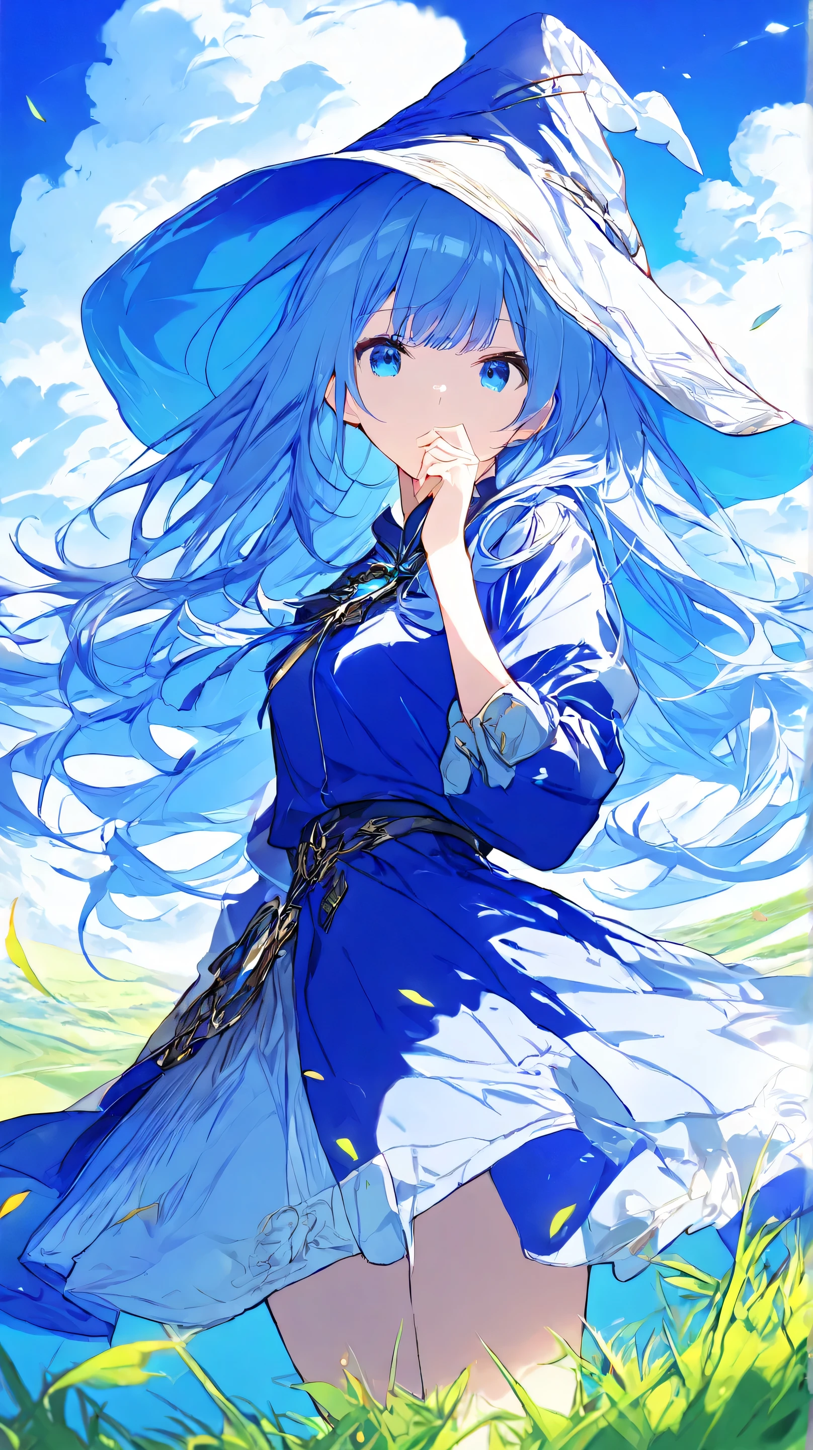 High Resolution, saturated color, very detailed, masterpiece, best quality, 1girl, focus at her face, detailed face, Long Hair, blue hair, full bangs hair, blue hair, deep blue eyes, blue shirt, blue witch cloack, white long socks, short blue skirt, Looking at viewer, standing at grass field, blue day sky, Columbus clouds