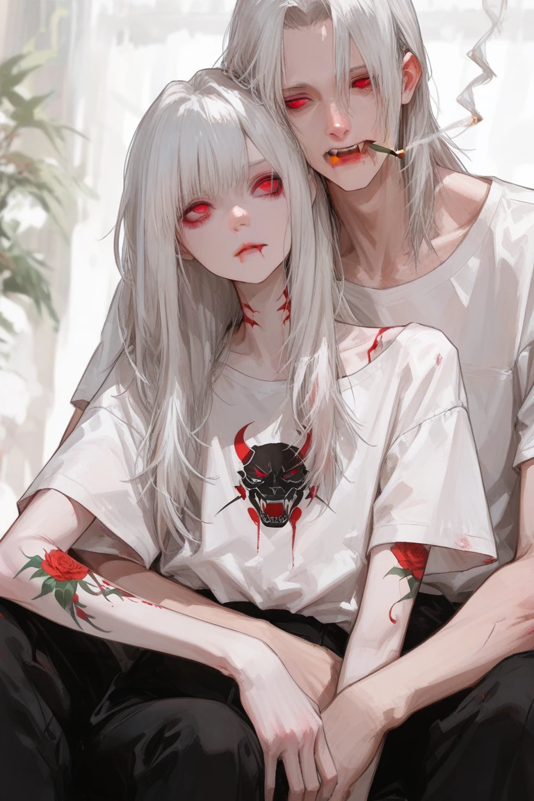 boy, white hair, long straight hair, red eyes, wild smile, sharp teeth, pointed ears, fair skin, black shirt, green cargo pants, red tribal tattoos, facial red tattoo, bone necklace., high quality, high details, 4K, anatomically correct
