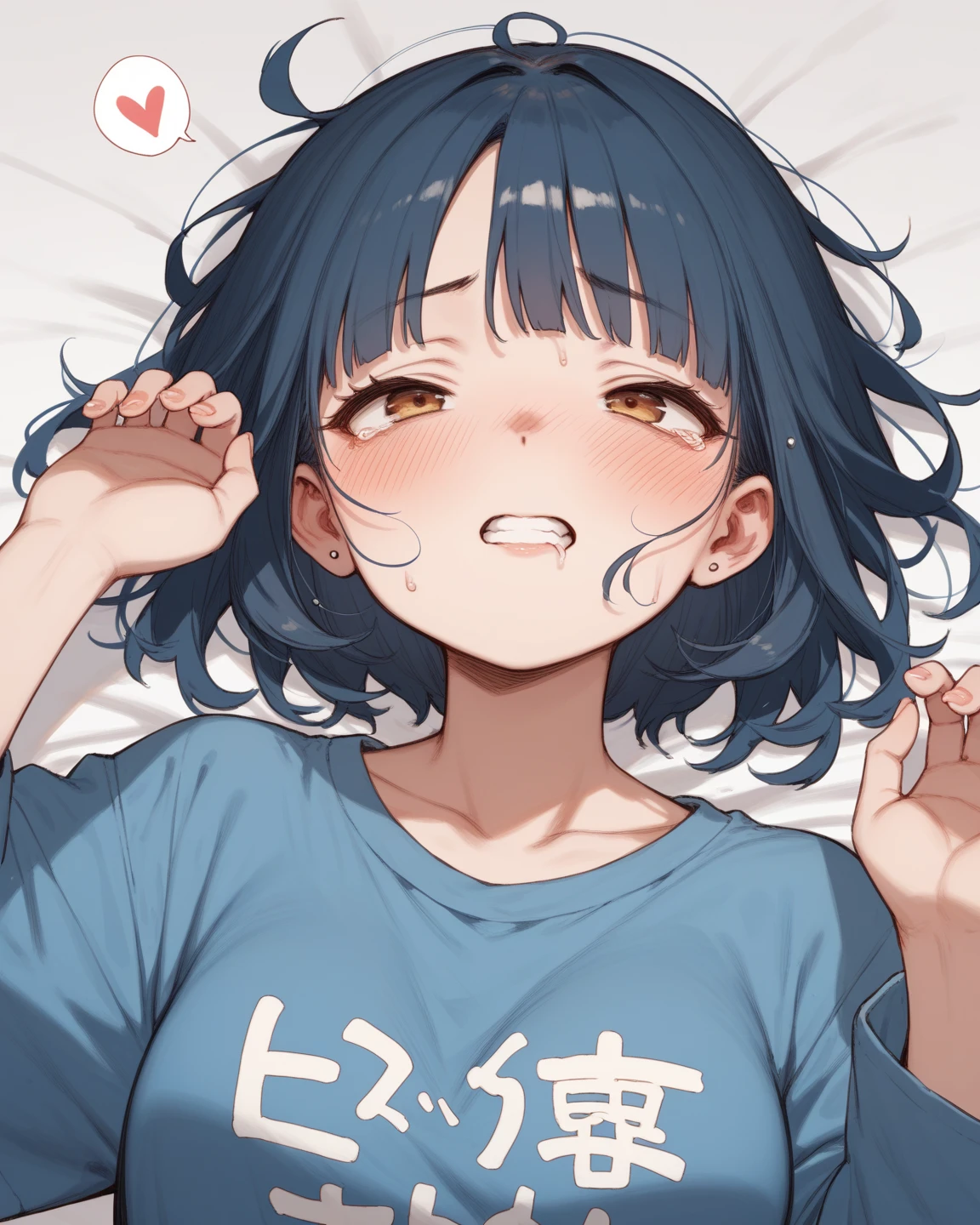 (best quality, masterpiece, ultra highres, ultra-detailed),girl sleeping until noon,Tank top,Polyester shorts,closed eyes,open mouth,Drooling,She is lying in bed, BREAK
(girl,tween,detailed face,(darkblue wavy-short hair),middle thick eyebrows,middle small breasts),