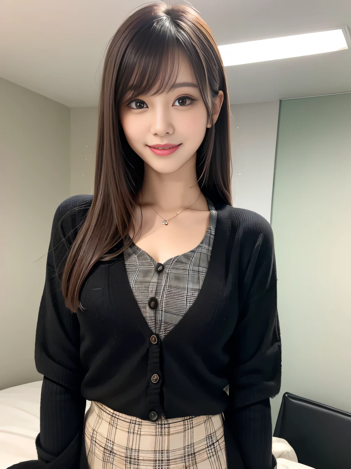 Ultra High Definition, Superior Quality, Premier Quality, professional quality, 8k wallpaper, ultra detailed, Photorealistic, RAW Photos, highest quality, masterpiece, Attractive girl, Stunning girl, light atmosphere, Brown Hair, Shoulder Length Layered hair, asymmetrical bangs, Korean Idol, Sophisticated, Stylish, ( smile), natural lighting, Neat clothes, (Slim long-sleeved black cardigan:1.2) (plaid short skirt:1.2), (POV),