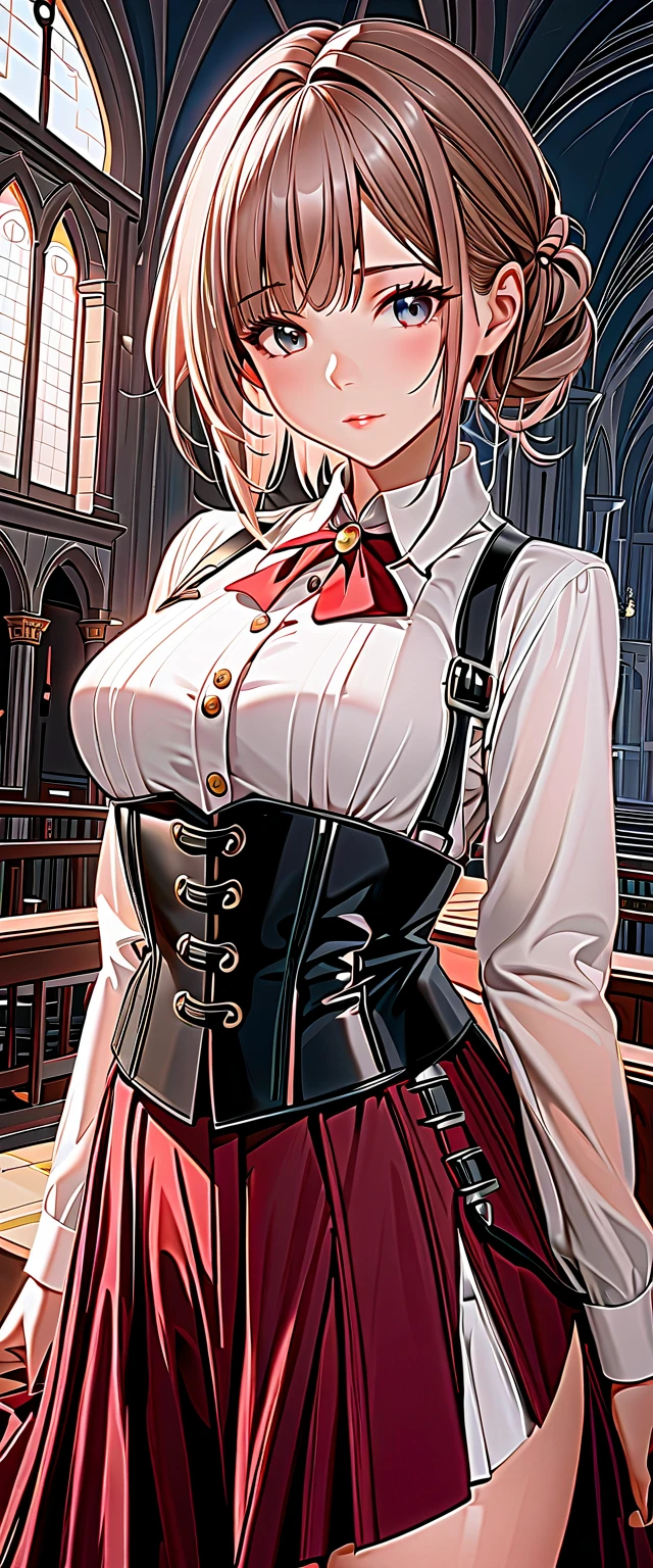 ((best quality)),((highly detailed)),masterpiece,absurdres,detailed face,beautiful face,(detailed eyes, deep eyes),1girl,Yunyun, solo, red eyes, necktie, big breast, brown hair, braid, pink necktie, skirt, belt, bow, long hair, long sleeves, latex pink skirt, hair bow, crown braid, hair ornament, bangs, necktie between breasts, puffy sleeves, hair between eyes, clothing cutout, cleavage cutout, latex shirt, red bow, , twintails, day, latex black shirt, between breasts, ribbon, juliet sleeves,,blush, miniskirt, low twintails, standing, pleated skirt, brown belt, sidelocks, hair ribbon, cleavage, jacket, dress, frown, wing collar,sitting on a Throne Chair, Front view