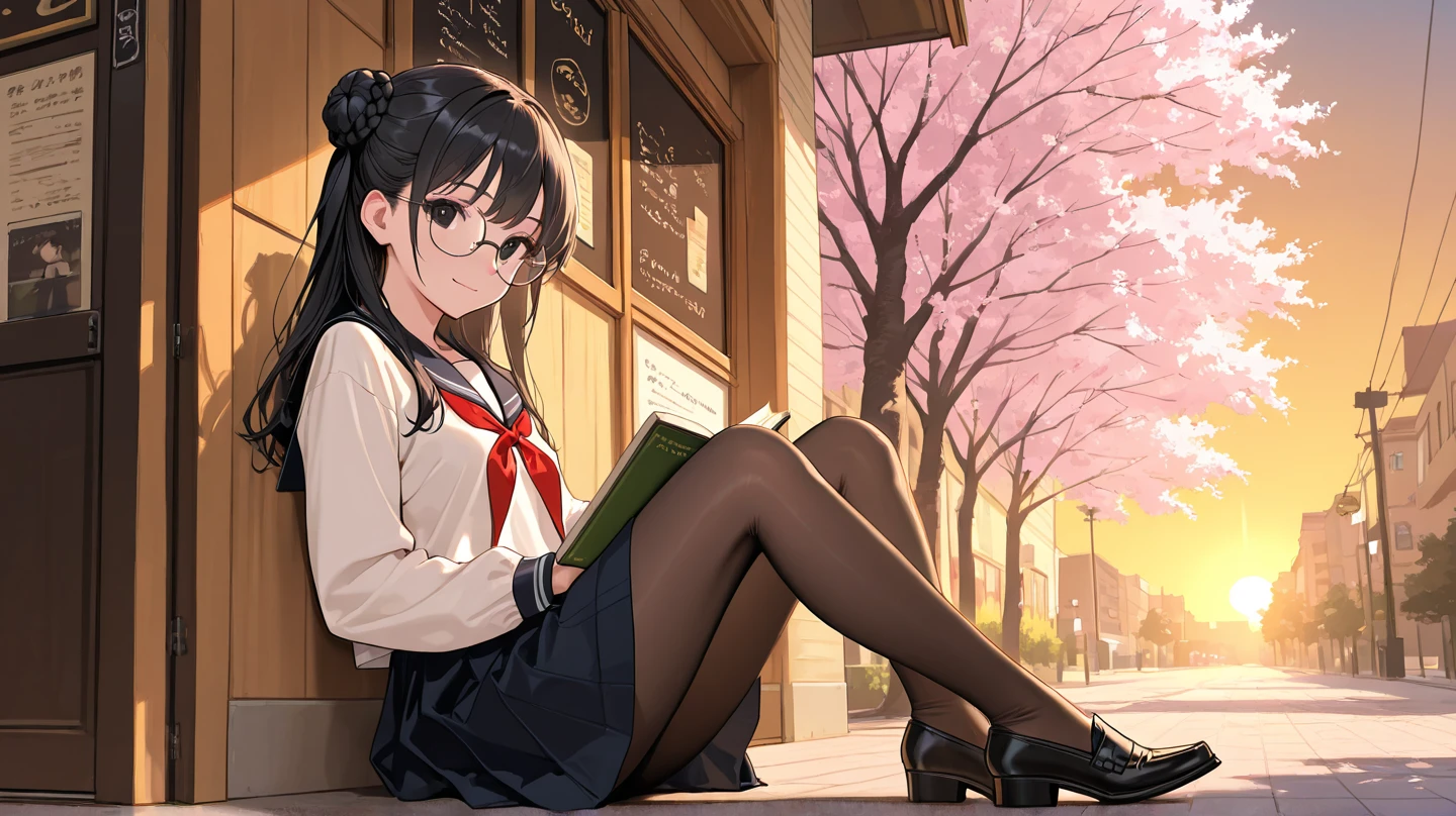 1girl,((Smooth black hair in a ponytail blowing in the wind,Clear black eyes)),((masterpiece,Very realistic,A detailed anime wallpaper:1.4)),((Perfect Anatomy:1.2)),((Front close-up photo)),Cute symmetrical face,CG Unity 8k,((Black long-sleeved sailor suit,black pleated mini skirt,Intellectual glasses,Black thigh-high socks:1.5)),8K quality,Extremely sophisticated digital art,((She is sitting on a bench with her legs spread and reading a book.:1.35)),A perfect, cute, and excellent girl,Looking at the camera with a gentle smile,A soothing smile,Very large breasts,Extremely detailed hair and face,Artistic pastel art,((A tree-lined road at dusk with autumn leaves fluttering beautifully:1.1)),((Spread your legs:1.7)),Spread your legs,Professional Lighting,Supermodel,((Red lace sexy panties:1.09))