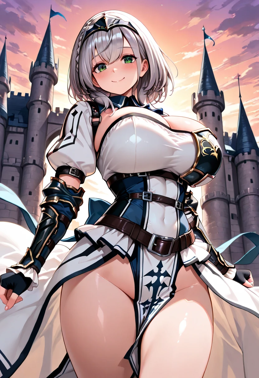 ((highest quality)), ((masterpiece)), ((hyperrealistic)), (detailed background), solo, 1girl, ((curvy: 1.2)), kawaii, gentle smile, silver hair short bob, langrisser, ((black leotard: 1.5)), (white paladin armor: 1.5), ((huge breasts)), ((arm guard gauntlet)), ((cleavage: 1.2)), ((thigh boots)), (big butt), ((katana: 1.2)), (armor dress), A sword held in the hand, a sword sheath, thigh gap, beautiful aqua eyes, droopy eyes, parted bangs, perfect face, Perfect hands, perfect fingers, White palace in the background,