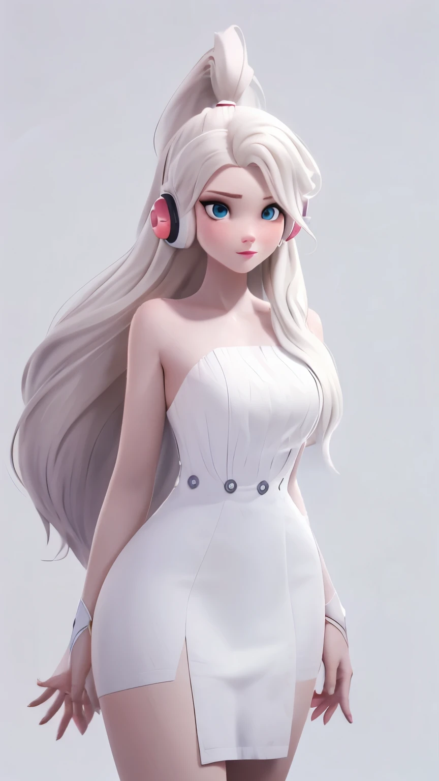 (1 girl, Alone, Masterpiece, 4k, Best Quality:1.2, (cowboy shot), Best Quality:1.2, good hands, showy, (perfect hands, perfect anatomy)),
utaop, headphones,blush, White dress, fur over one, red and white hair, multicolor fur, High average,
((medium breasts, big hips, looking at the viewer)),
((simple background, White background)),