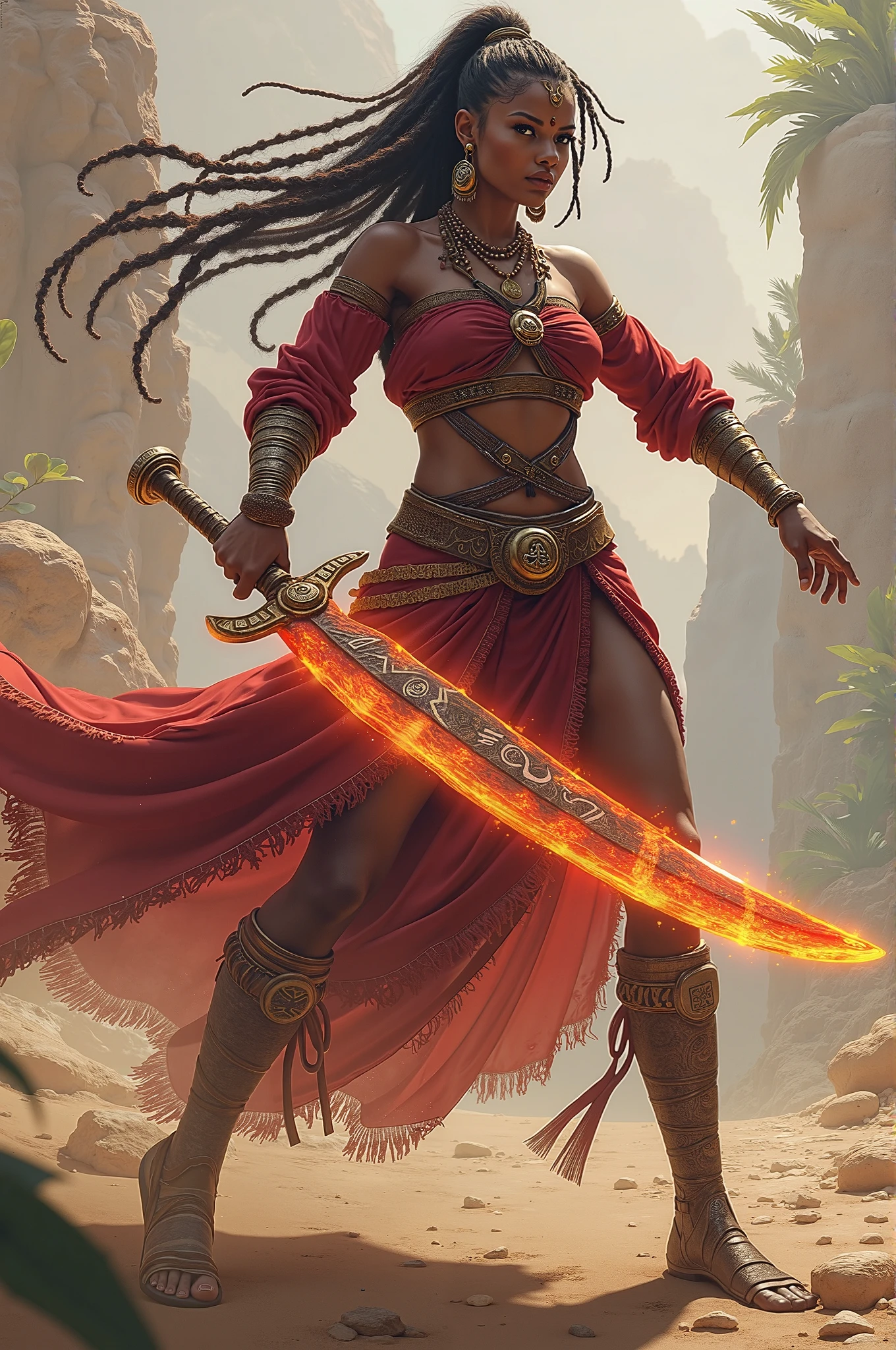 styalized, Elders scrolls Video Game Series, Redguard woman, african american woman, tight body, placed in elder scrolls world, elemental magic with redguard type weapons and armor, dark hair color, bow and arrow, ranger type, strider. full body render. diffrent poses, emersive