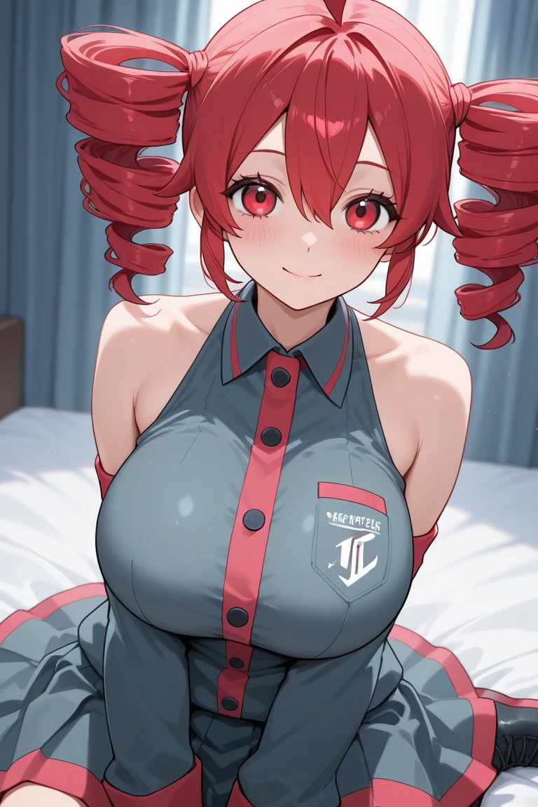 (high quelity), Female Ranma, JK, red short skirt, thight stockings, high heels, mischievous smile, light blush, looking at viewer, huge breasts, precise hands, sexy pose, detailed background, red braid, cleavage