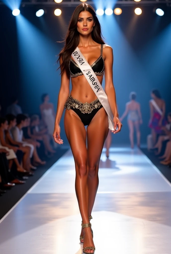 a woman in a bikini and capa walks on a runway, Miss Universo, bikini model, blanca alvarez, victoria's secret model, Adriana Lima, brazilian supermodel, by Olivia Peguero, Victoria Gavrilenko, con una bata de gasa negra en capas, karla ortiz, en la pista, julia gorokhova, capa, longitud total del cuerpo, marischa becker