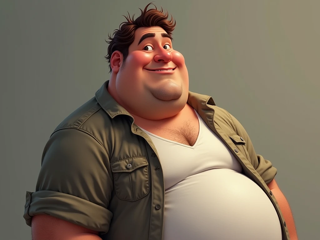 3d image realistic of young man, atractive, fat, with brown eyes and black hair, in the background a room