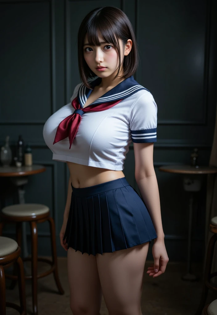 (Sit with your legs apart:1.4)、Full body view from head to toe、detailed slender legs、 (Short-sleeved sailor uniform:1.5), (Clothed big tits、tuck shirt into skirt:1.4),15-year-old high school girl,Cute Japanese Girl,シャツを押し上げるHuge breasts、(Bursting Busty:1.3), (Highly detailed beautiful face),Great face and eyes, (Best Quality:1.4), Beautiful feet(Super detailed),Thighs、Big Ass、Huge breasts,((Mastepiece, Best Quality, High resolution, Ticker, Perfect Pixel, Depth of written boundary, 4K, Ticker, Ticker)),1 Girl, One-off, Solo, Beautiful Anime Girl, Beautiful art style, Anime character, (Medium Hair、Hair between the eyes)), (Large round eyes, Beautiful eyelashes, Realistic eyes:1.2), (Smooth texture:0.75, Realistic texture:0.65, It's photorealistic:1.2, Anime CG Style), (Movement angle, Dynamic Pose:1.4), Perfect Body,Very large ,Breast bag、Wrinkles on shirt、