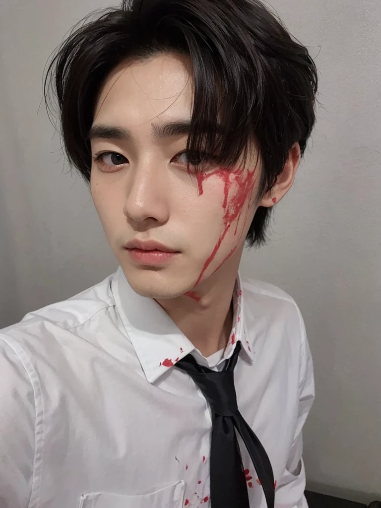 A guy in black and gray formal clothes. He is looking at the screen, has an emotionless expression, deep dark circles, a serious look and tears run down his face (puts a feeling of emptiness into the image) make this same guy but with tears of blood and make it darker