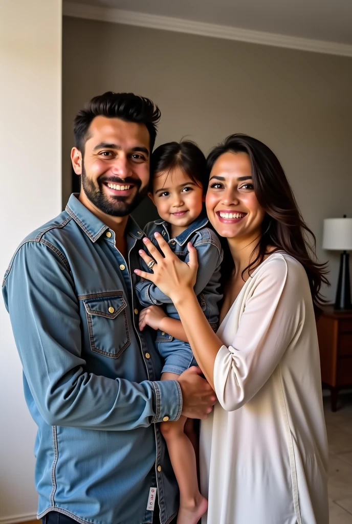 hombre buen mozo, junto a atractiva esposa y lindo hijo, foto familiar