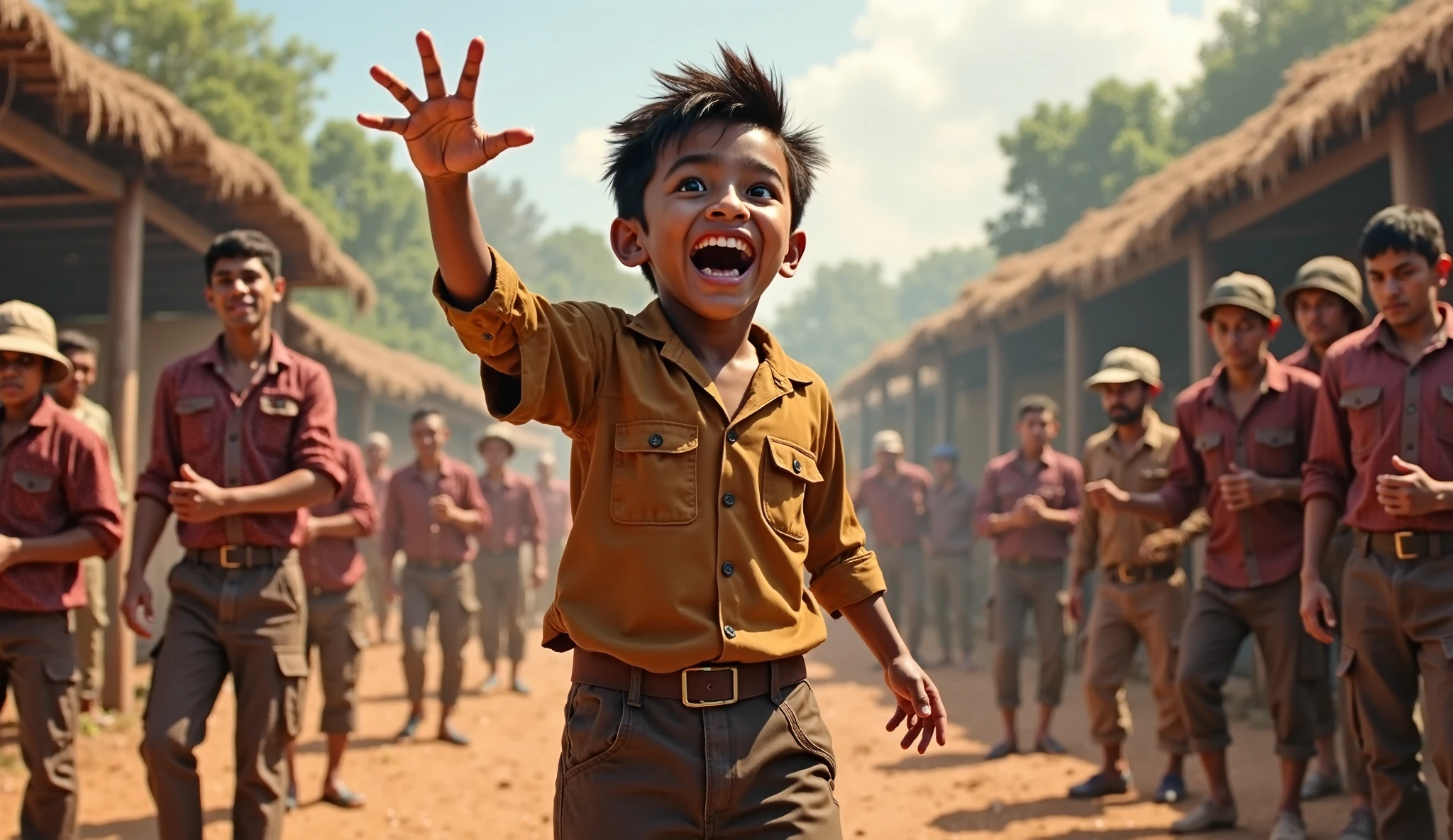 Boy in a brown shirt and tan pants is making a peace sign - SeaArt AI